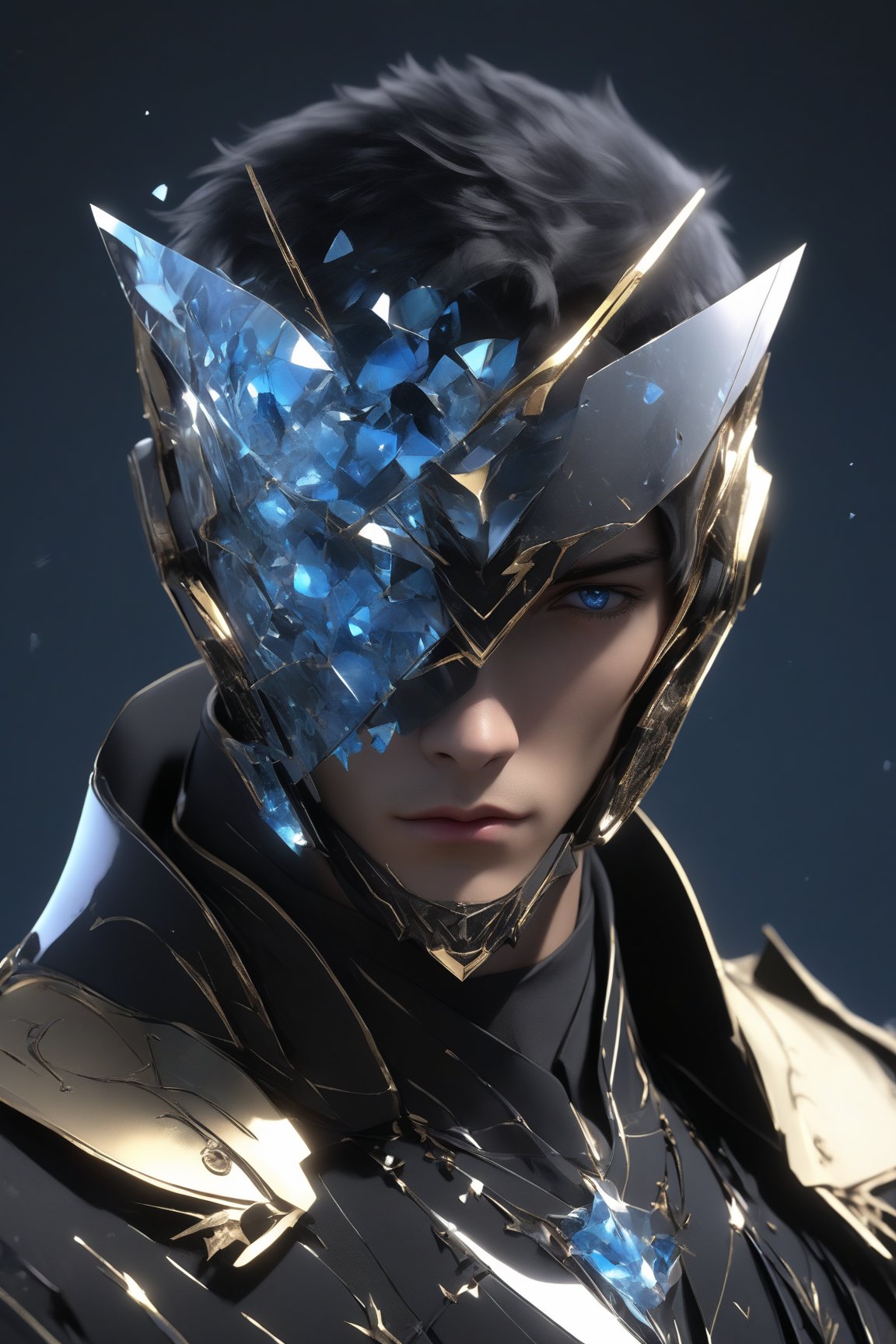 sole_male, (clear crystal visor mask), broken glass formal suit, SalomanElfric, white skin, (blue eyes), short black hair swiped back, [goatee], [sideburns] , masterpiece, digital art, award winner, serene, bright colors, octane, 3d render, realistic, shards,Gold Edged Black Rose,