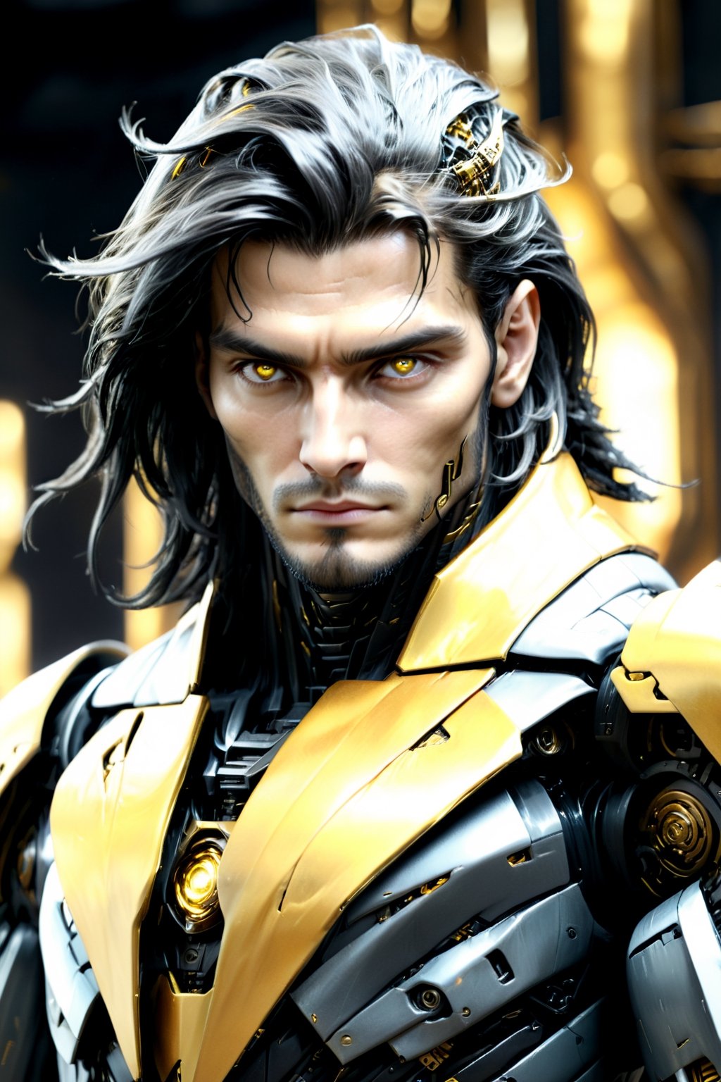 (calcasian 27yo slim man) with long black hair side swept to the right, golden eyes glowing yelow, white skin, mecha being constructed, refined, terror, long coat, overcoat, eery lights, 8k, realistic, Add more detail, man,guy, realhands, 1man,Add more detail,looking at viewer, full_body,Lenny,more detail XL,darkart,DonMCyb3rN3cr0XL 