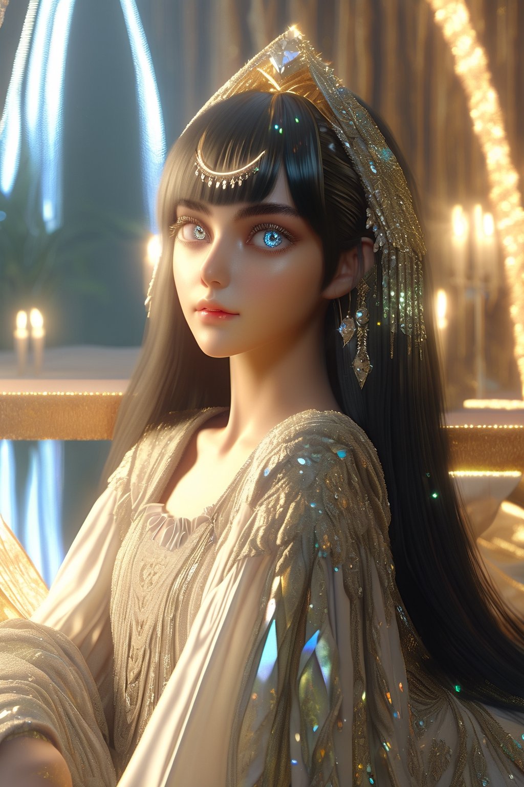 1 girl, European model, (athena:0.5), ((long black glossy hair)), straight bangs, ((shiny silver crystal colored eyes)), detailed eyes, (full body), blink and youll miss it detail, silk light clothes, golden glittering, high quality, textured background, very detailed, iridescent, intricate hairstyle ,clothing, softer lines, perfect hands, soft lighting, soft expression, front view, looking at viewer, soft smile, (thin delicate eyebrows:1.3) , unreal engine, realistic 