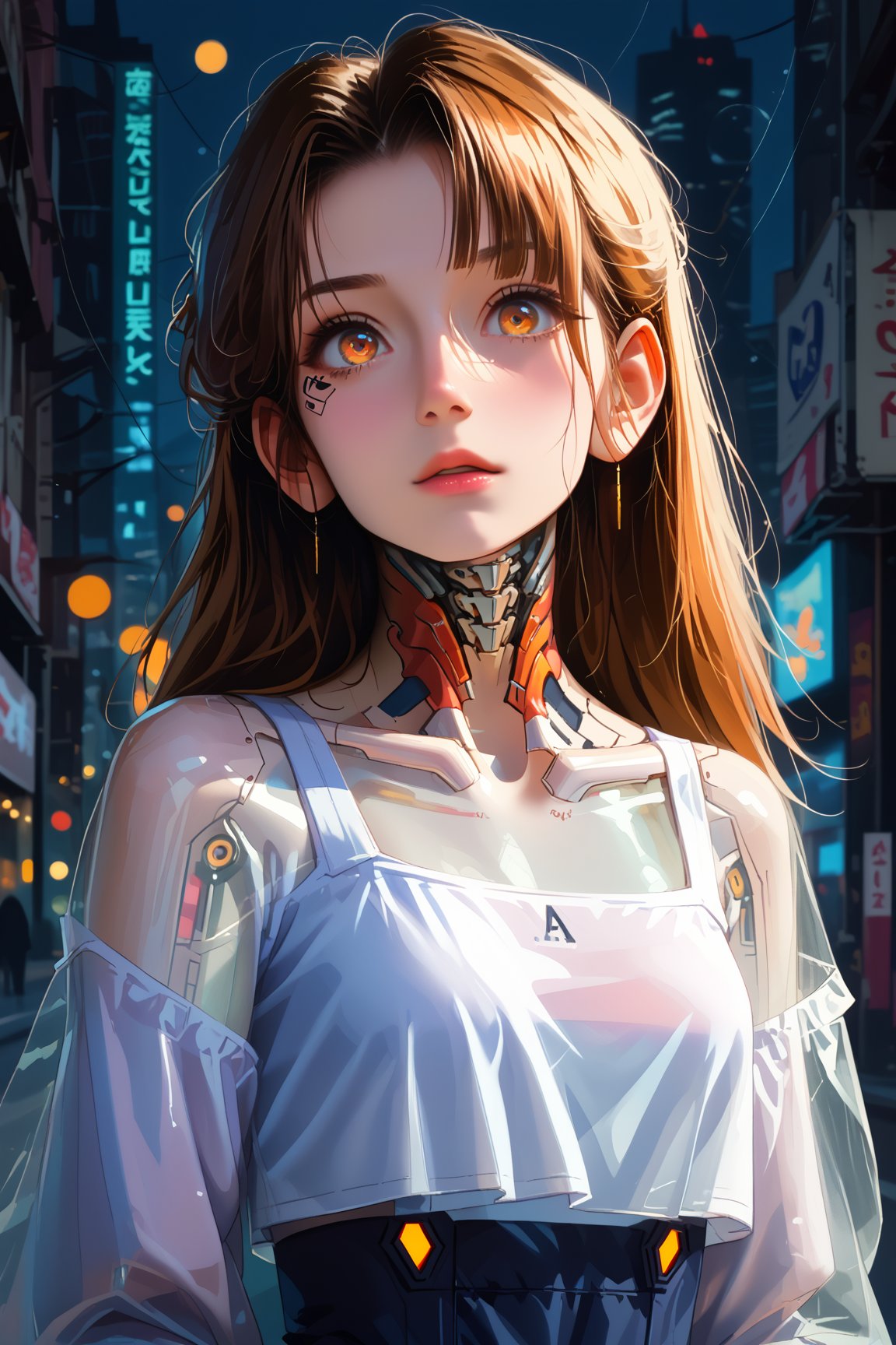 score_9, score_8, score_7, masterpiece, extremely detailed, 1girl, solo, cyberpunk, transparent, cyborg, vivid, see-through body, transparent body, skeleton, translucent, neon, city, detailed background, bokeh, creepy, vintage, see-through, facing front, upper body, internal organs, croptop, leggings, orange hair, caramel eyes, long hair, tied hair, hair over one eye, braless