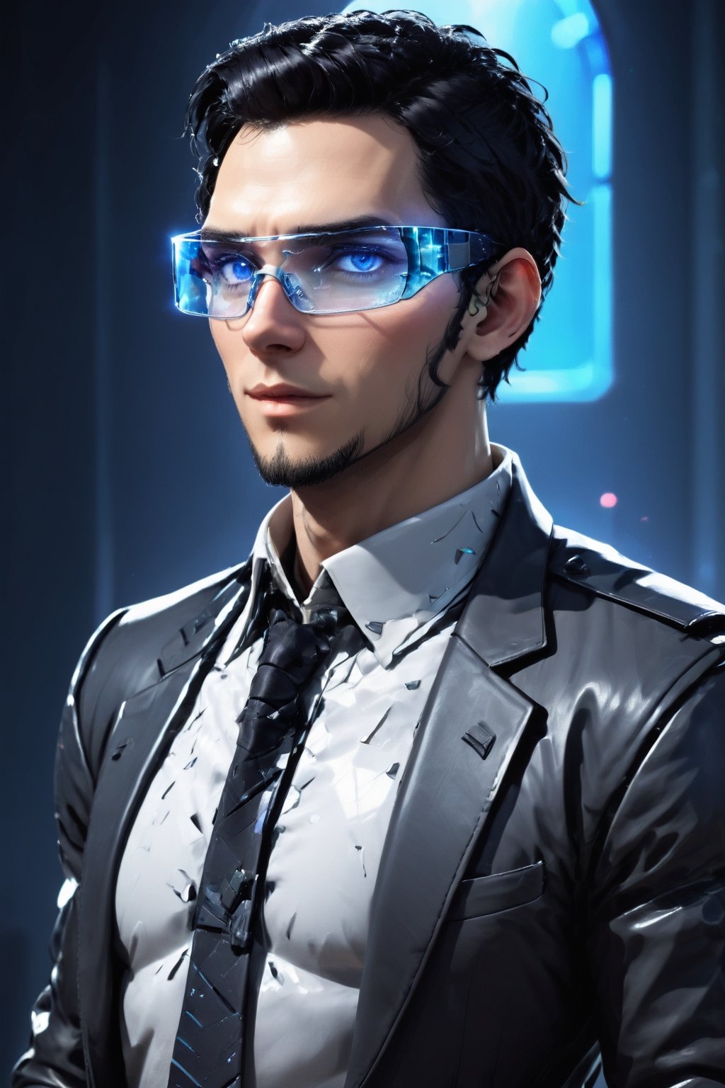 SalomanElfric, 27yo, solo, short hair, blue eyes, shirt, black hair, stylish hair swept to the right, sole male, ((facial hair, sideburns, goatee)), full body, male focus, mature male, unreal engine, realistic, 4k,HDR, sci-fi, full body, standing, grandiose, transparent glass tie, formal wear made broken shards, (stained transparent glass cyberpunk glasses:1.2)