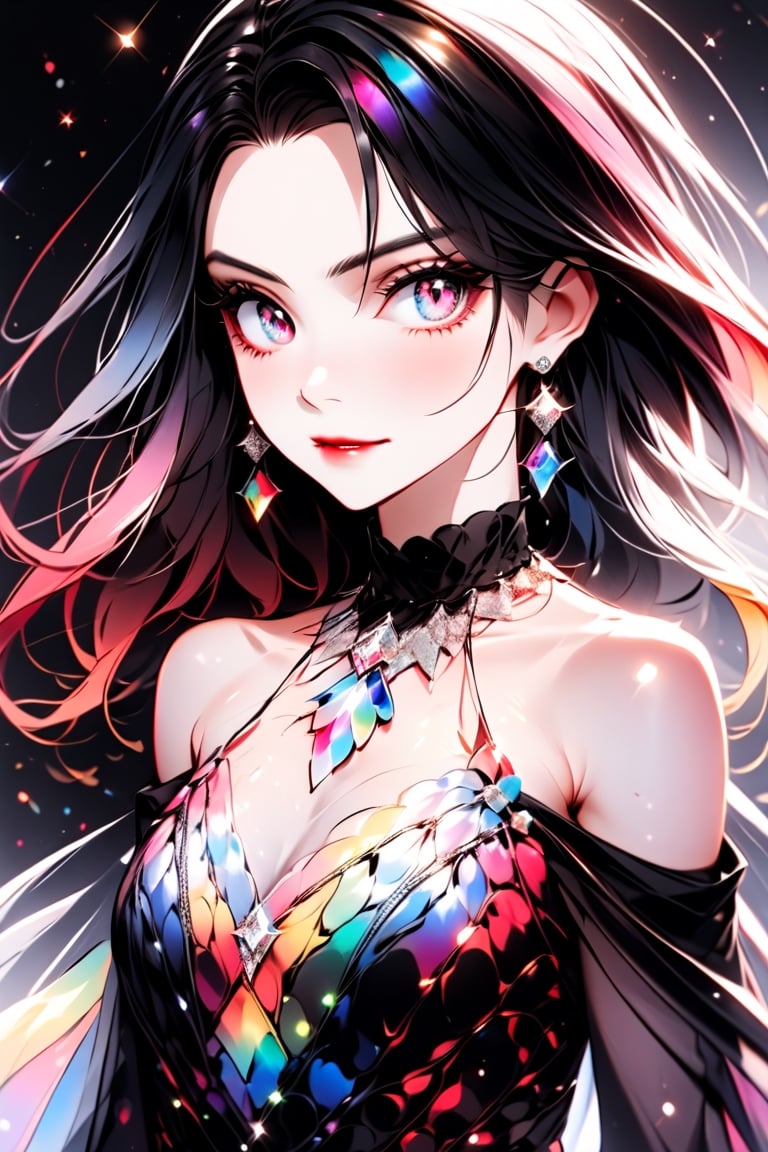 ((Rainbow Style), Anime, Real, Sketch, Thick Lines, Contents, Detailed, Detailed, One Girl, Glowing Rainbow Eyes, Closed Lips, Diamond Earrings, Shining Diamond Parts, Seductive Expression, Silk Floral Off-Shoulder Dress, Order, black gradient background, texture crop, Utra), Detailed Textures, high quality, high resolution, high Accuracy, realism, color correction, Proper lighting settings, harmonious composition, Behance works, more detail XL, Anime, hentai, Utra,Utra