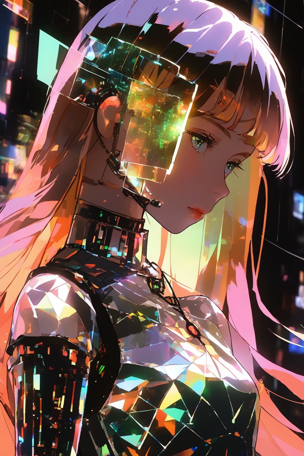 score_9, score_8, score_7, masterpiece, extremely detailed, broken glass effect, 1girl, solo, cyberpunk, transparent, cyborg, vivid, see-through, translucent, neon, detailed background, bokeh, creepy, vintage, see-through, facing front, upper body, internal organs, , orange hair, long hair, tied hair, hair over one eye, braless, long dress made of broken glass, crystal mask that refract light