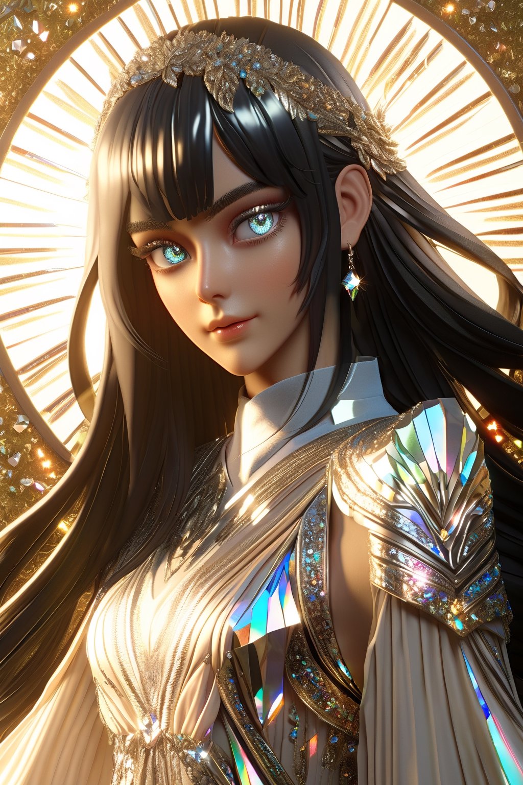 1 girl, European model, (athena:0.5), ((long black glossy hair)), straight bangs, ((shiny silver crystal colored eyes)), detailed eyes, (full body), blink and youll miss it detail, silk light clothes, golden glittering, high quality, textured background, very detailed, iridescent, intricate hairstyle ,clothing, softer lines, perfect hands, soft lighting, soft expression, front view, looking at viewer, soft smile, (thin delicate eyebrows:1.3) , unreal engine, realistic 