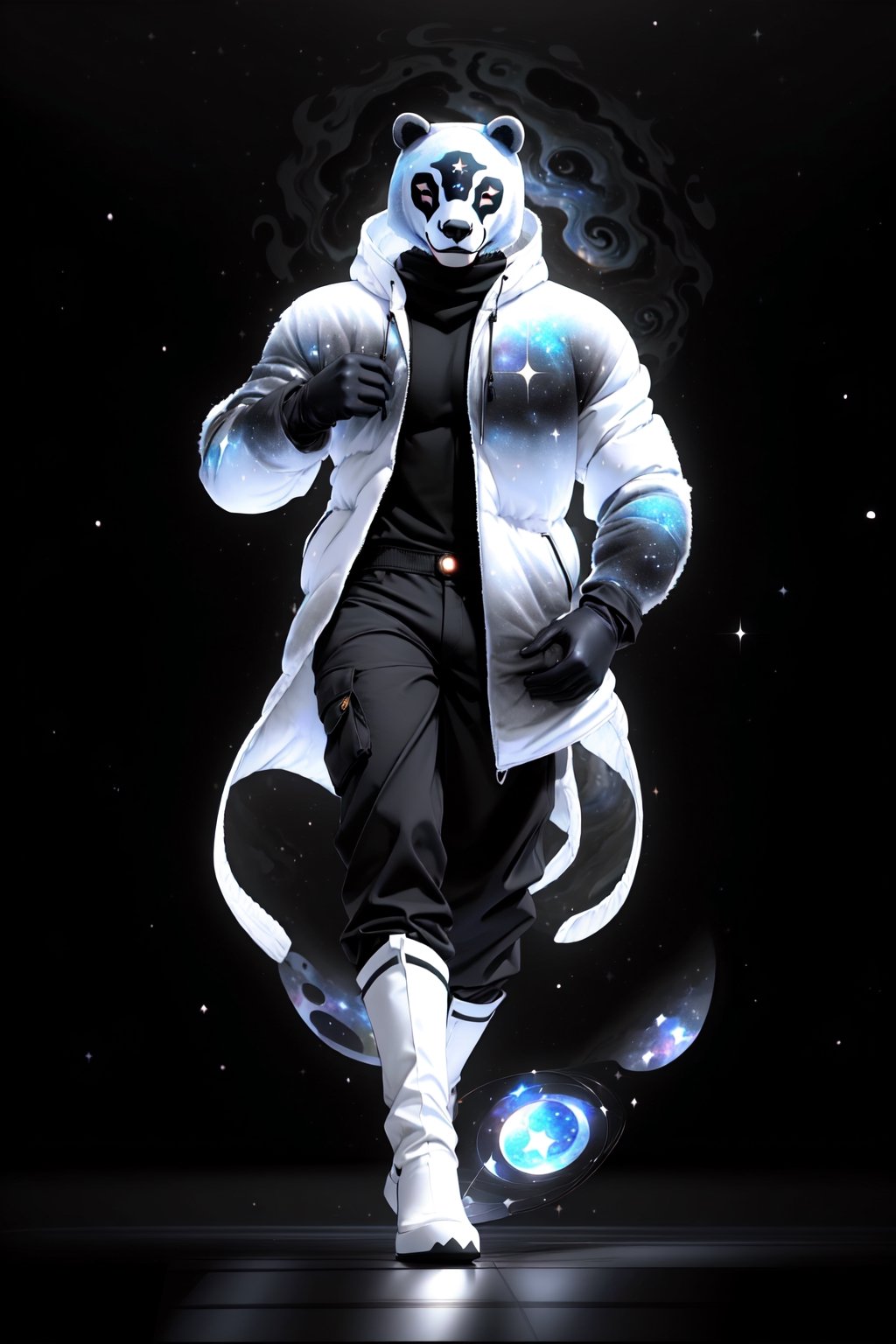 solo_male, strong, muscular, solo, (slim), simple background, gloves, animal ears, full body, (black skin), grey background, glowing, no pupils, (human_lip), starry sky print, (white bear mask:1.2), sleek mask, 1 mask, (black celestial winter clothes:1.2), turtleneck, cargo pants, dinamic photo, mystic, 3d render, unreal engine,Celestial Skin,