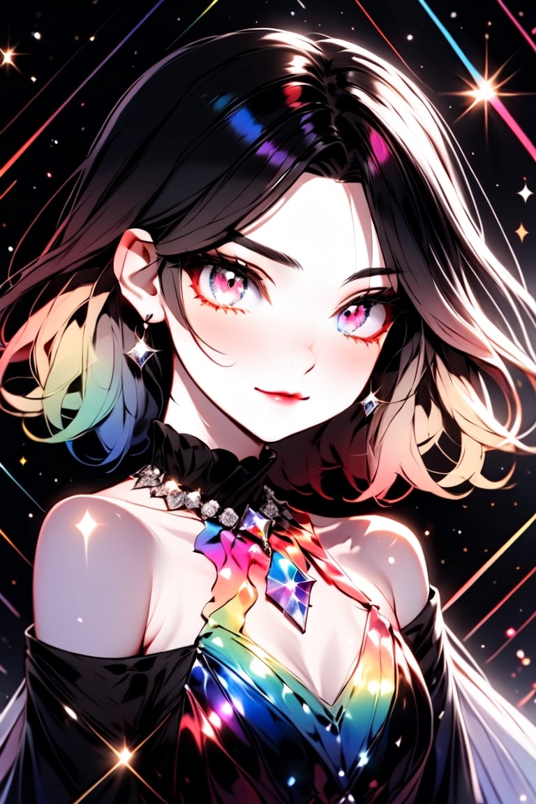 ((Rainbow Style), Anime, Real, Sketch, Thick Lines, Contents, Detailed, Detailed, One Girl, Glowing Rainbow Eyes, Closed Lips, Diamond Earrings, Shining Diamond Parts, Seductive Expression, Silk Floral Off-Shoulder Dress, Order, black gradient background, texture crop, Utra), Detailed Textures, high quality, high resolution, high Accuracy, realism, color correction, Proper lighting settings, harmonious composition, Behance works, more detail XL, Anime, hentai, Utra,Utra