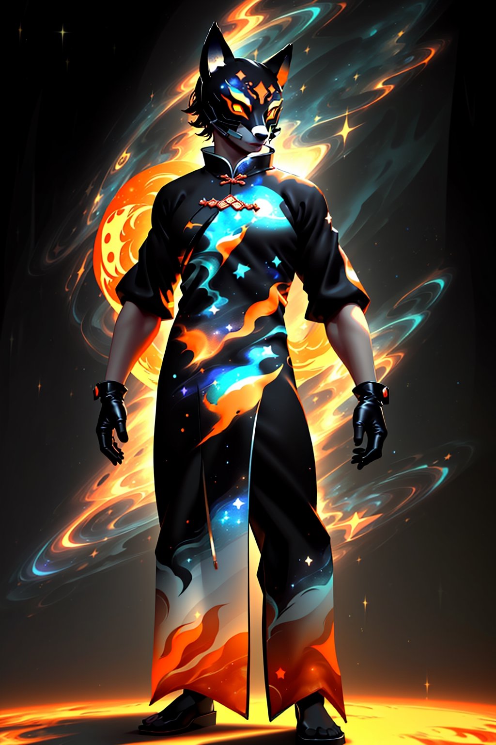 solo_male, solo, (slim), simple background, gloves, animal ears, full body, (black skin), grey background, glowing, no pupils, (human_lip), starry sky print, (orange wolf mask:1.2), sleek mask, 1 mask, (black celestial Ao Dai:1.2), dinamic photo, mystic, 3d render, unreal engine, Celestial Skin,