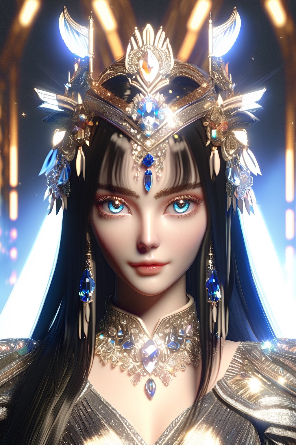 1 girl, European model, (athena:0.5), ((long black glossy hair)), straight bangs, ((shiny silver crystal colored eyes)), detailed eyes, (full body), blink and youll miss it detail, silk light clothes, golden glittering, high quality, textured background, very detailed, iridescent, intricate hairstyle ,clothing, softer lines, perfect hands, soft lighting, soft expression, front view, looking at viewer, soft smile, (thin delicate eyebrows:1.3) , unreal engine, realistic 