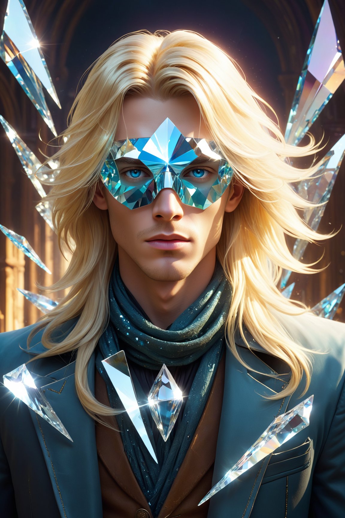 1boy, cleam shave, blonde, long hair, layered hair, swiped back, transparent fantasy-inspired mirrored glass shards aristocrat clothes, broken crystal scarf made of glass, (eye-covering mask:1.2) , crystal, bokeh, Broken Glass effect, no background, stunning, something that even doesn't exist, mythical being, energy, textures, iridescent and luminescent shards, divine presence, cowboy shot, Volumetric light, auras, rays, vivid colors reflects, Broken Glass effect, eyes shoot, oil paint, male focus, 3d render, digital art, realistic, art booster, fflixmj6,Crystal style,art_booster