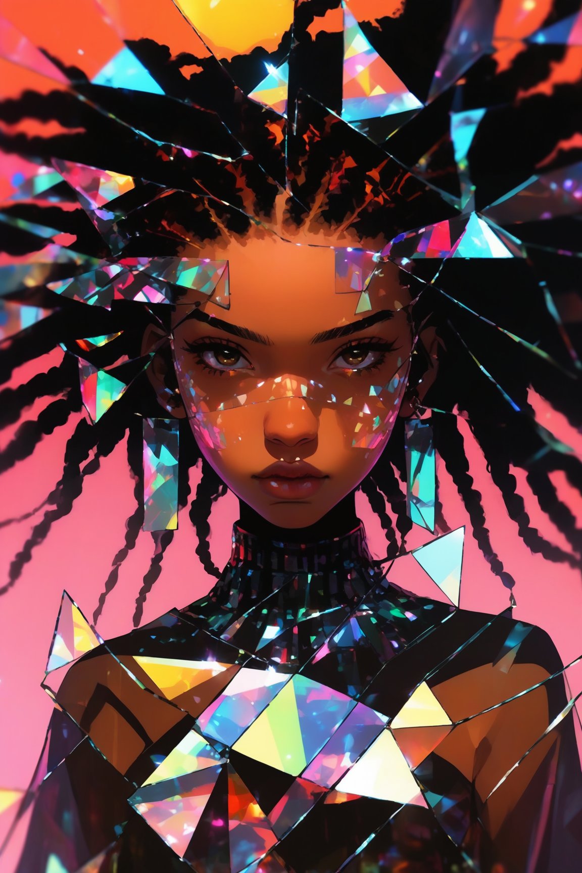 score_9, score_8, score_7, masterpiece, extremely detailed, broken glass effect, 1girl, solo, cyberpunk, transparent, cyborg, vivid, see-through, translucent, neon, detailed background, bokeh, creepy, vintage, see-through, facing front, upper body, internal organs, crimson hair, afro hair, black girl, eye covering mask, braless, long dress made of broken glass, crystal mask that refract light