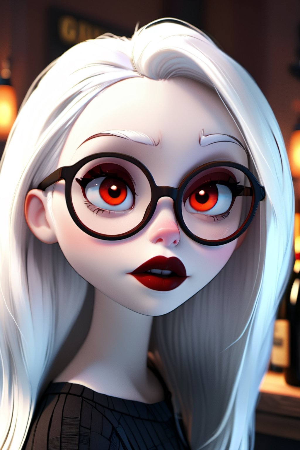 Mavelle, 1girl, pale skin, glowing eyes, round glasses, white hair, wine lipstick, detailed, 4k, hd, unreal engine, 3d render, realistic,disney pixar style