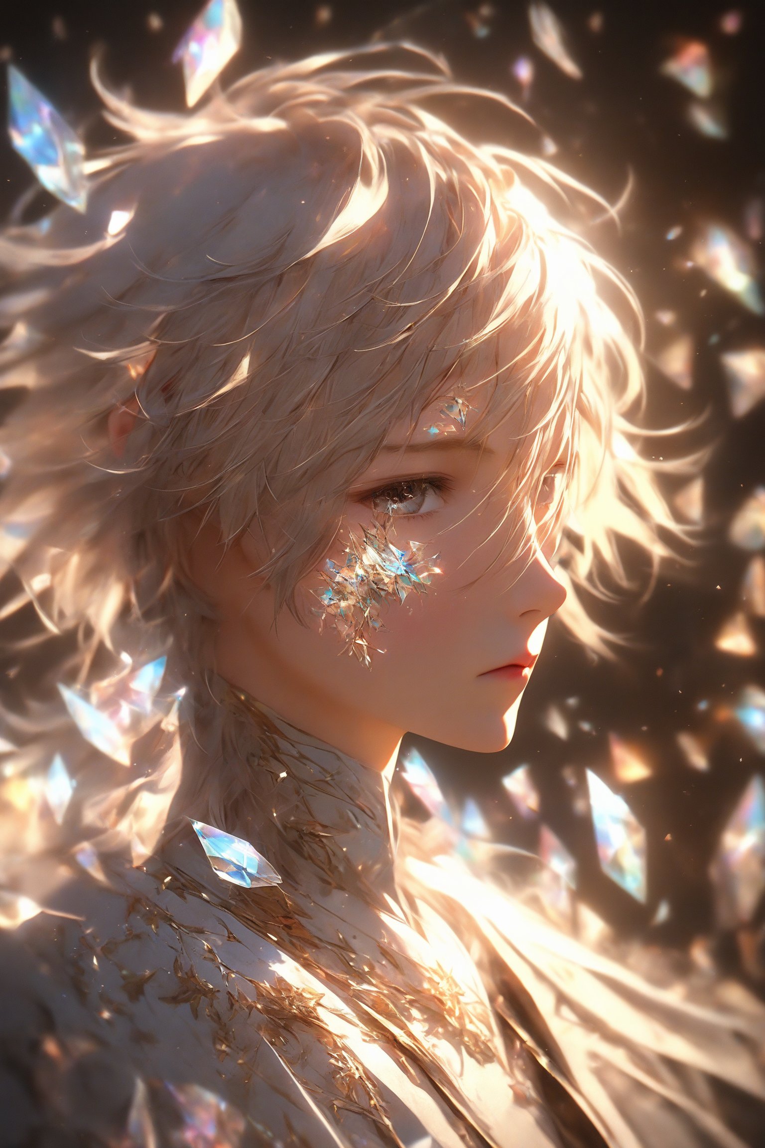 1boy, (crystal mask), broken glass garments, solo, short hair, bangs, beige layered hair, beige eyebrows, gray eyes, long sleeves, closed mouth, upper body, male focus, profile, light particles, bokeh, masterpiece, digital art, award winner, bealtyfull, intense, bright colors, octane, 3d render, realistic, shards