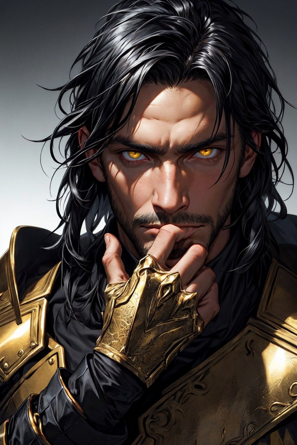 calcasian man with long black hair side swept to the right, golden eyes glowing yelow, hands down, closed fist, white skin, wearing a black armour, very luminous, 8k, realistic, Add more detail, man, disgusted face,guy, man,Add more detail, looking at viewer, portrait,man