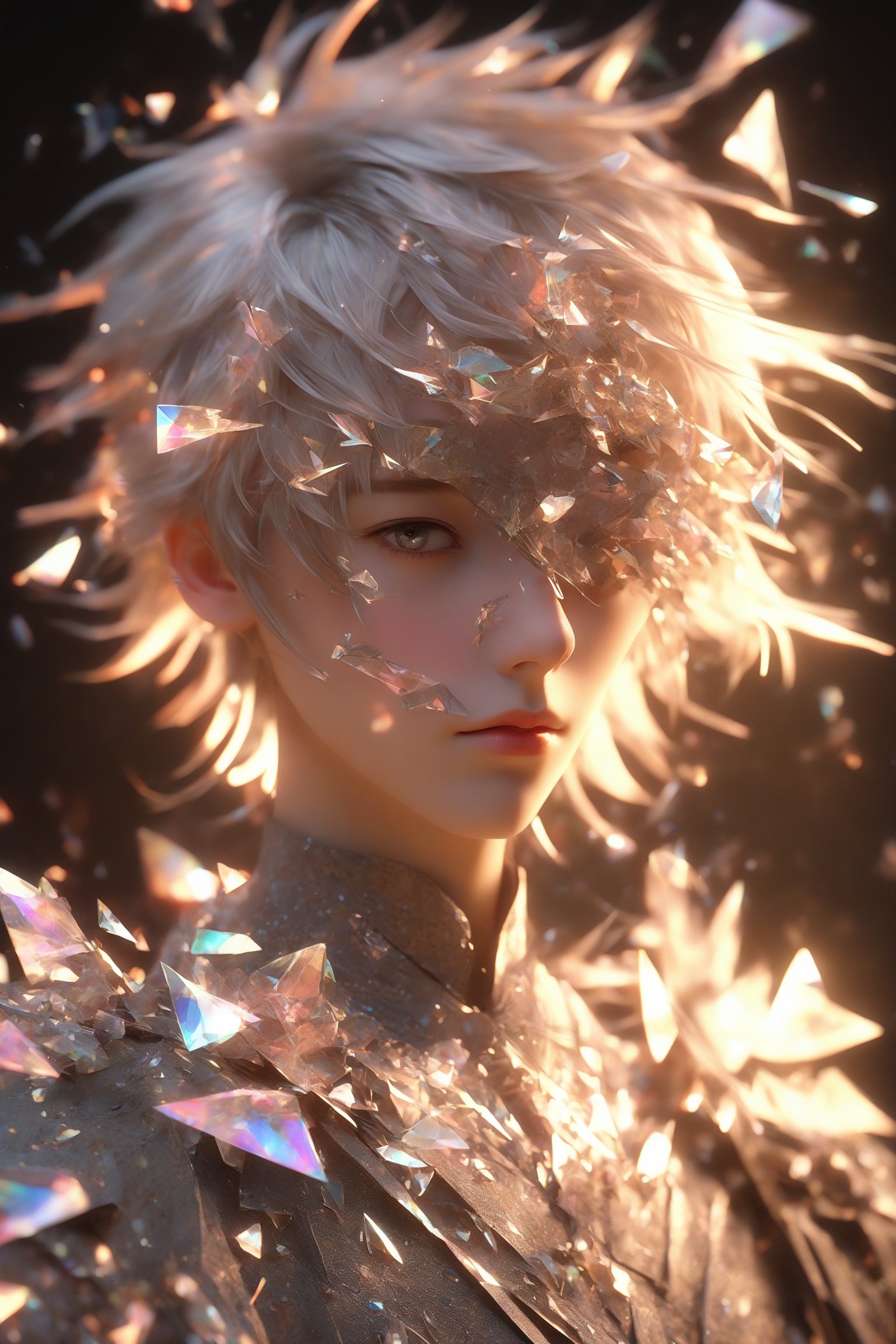 1boy, (crystal mask), broken glass garments, solo, short hair, bangs, beige layered hair, beige eyebrows, gray eyes, long sleeves, closed mouth, upper body, male focus, profile, light particles, bokeh, masterpiece, digital art, award winner, bealtyfull, intense, bright colors, octane, 3d render, realistic, shards