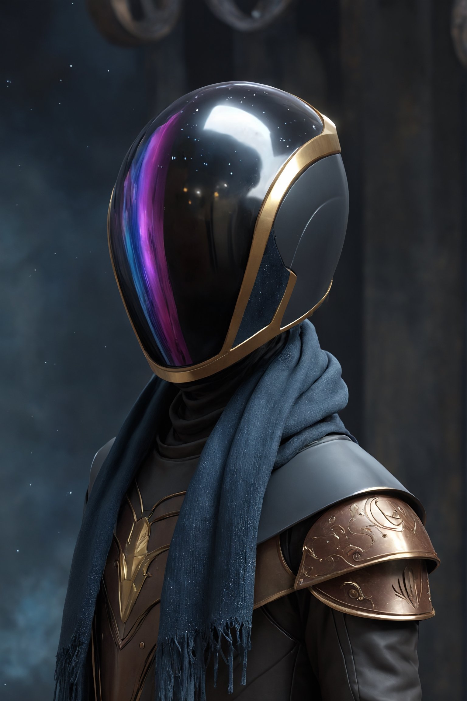 ParallelObserver, (colorgalaxy reflected on a reflexive helmet), metalic rim detailed helmet, 1boy, (leather long coat), scarf, Renaissance themed, fantasy, front-view, upperbody, detailed, 3d render, unreal engine, colorgalaxy,disney pixar style