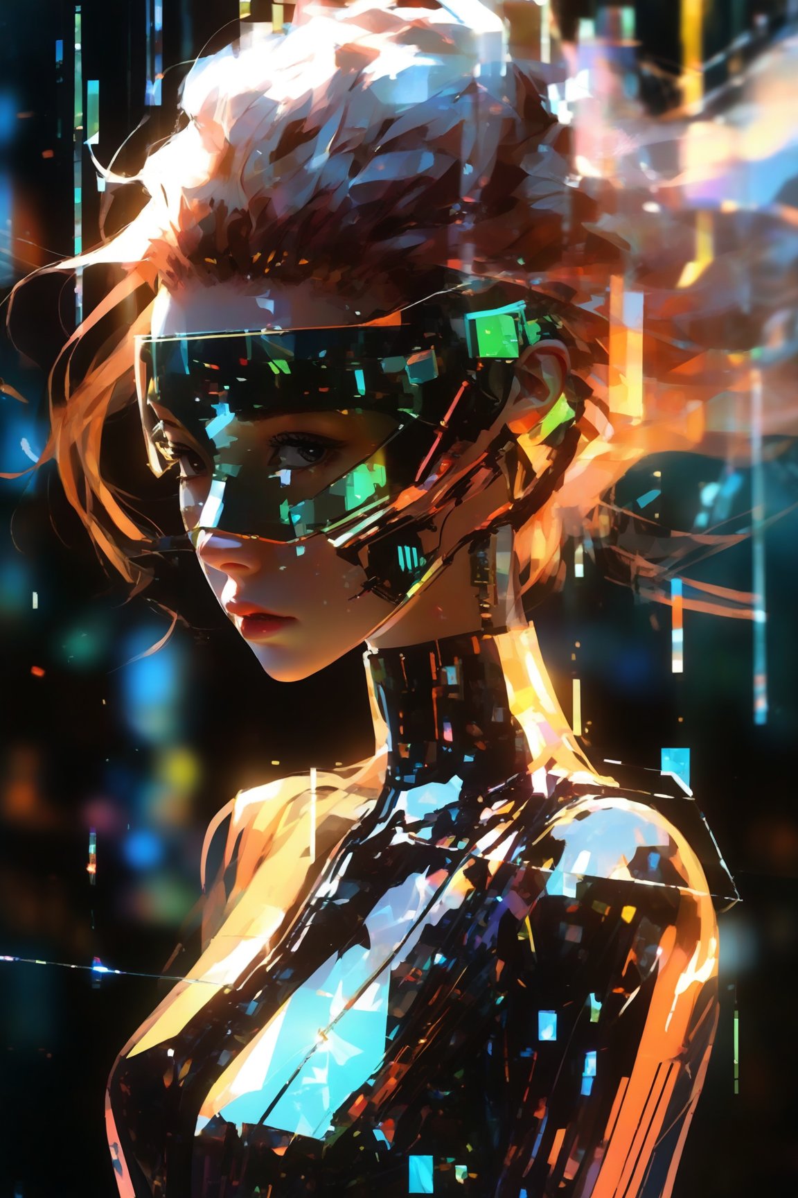 score_9, score_8, score_7, masterpiece, extremely detailed, broken glass effect, 1girl, solo, cyberpunk, transparent, cyborg, vivid, see-through, translucent, neon, detailed background, bokeh, creepy, vintage, see-through, facing front, upper body, internal organs, , orange hair, long hair, tied hair, hair over one eye, braless, long dress made of broken glass, crystal mask that refract light