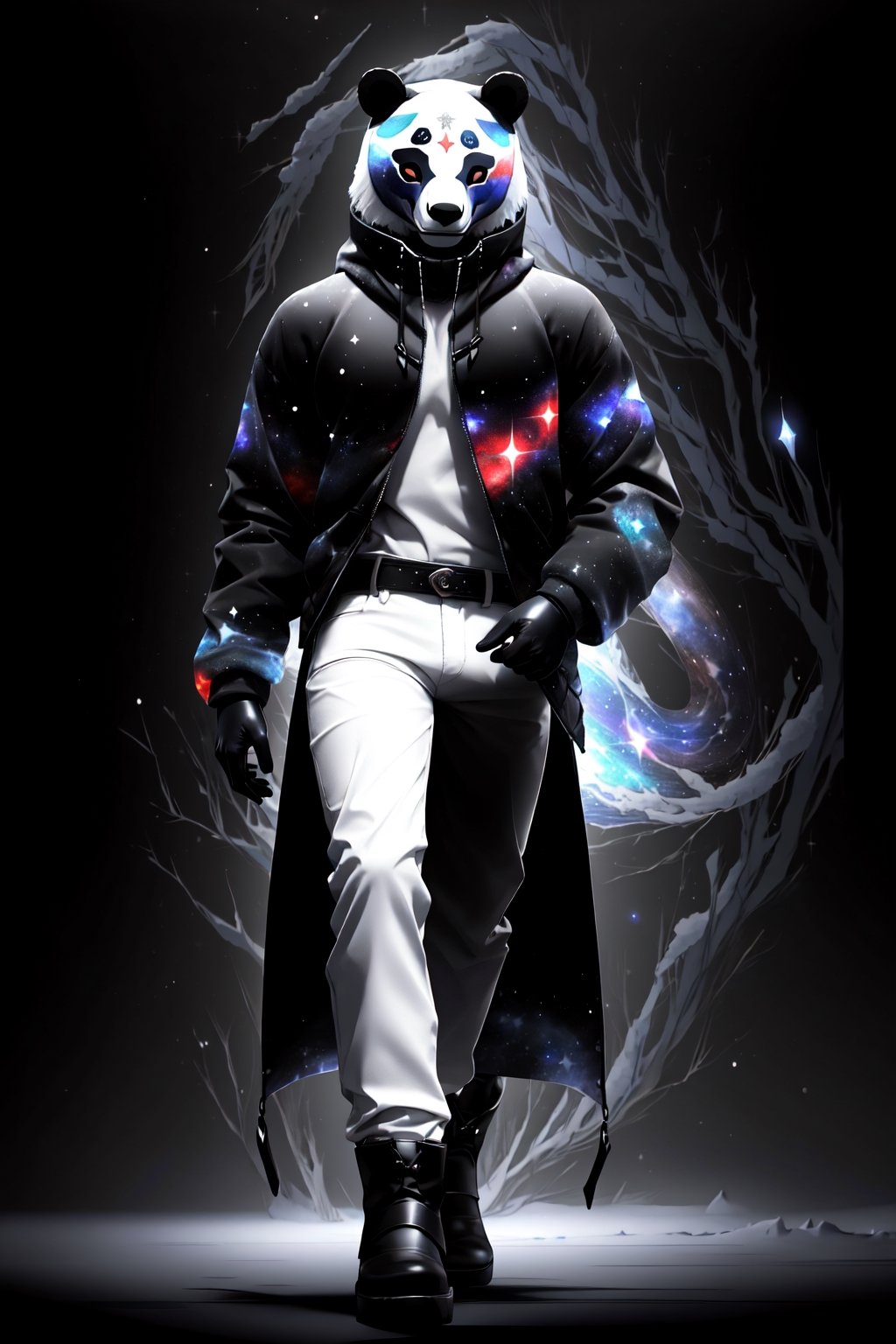 solo_male, strong, solo, (slim), simple background, gloves, animal ears, full body, (black skin), grey background, glowing, no pupils, (human_lip), starry sky print, (white bear mask:1.2), sleek mask, 1 mask, (black celestial winter clothes:1.2), turtleneck, cargo pants, dinamic photo, mystic, 3d render, unreal engine,Celestial Skin,