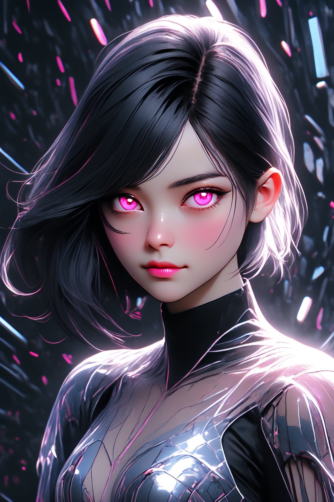 Utra, cyberpunk 1girl wearing futuristic clothes, thin delicate lips smirking with a closed mouth, white skin,  black chin lenght hair and pink eyes, 4k, hd, unreal engine, 3d render, realistic,shards,3d toon style,cutegirlmix