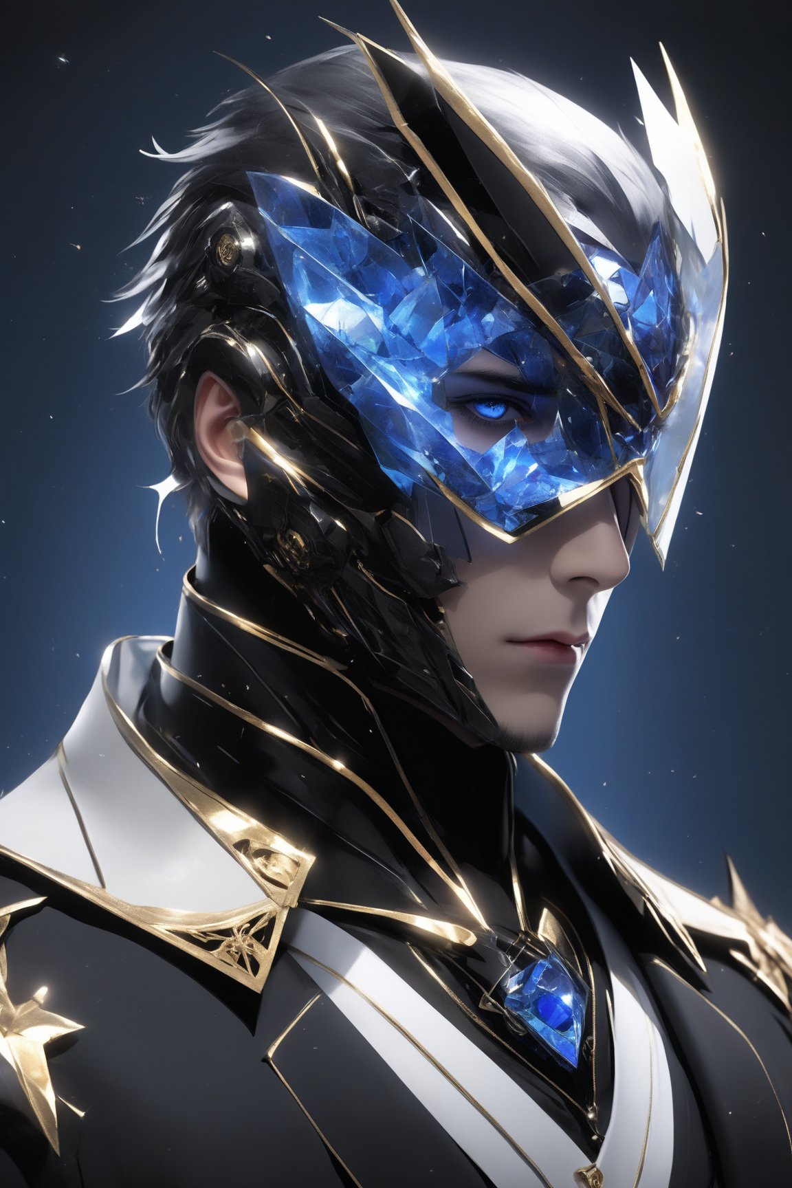 sole_male, (clear crystal visor mask), broken glass formal suit, SalomanElfric, white skin, (blue eyes), short black hair swiped back, [goatee], [sideburns] , masterpiece, digital art, award winner, serene, bright colors, octane, 3d render, realistic, shards,Gold Edged Black Rose,