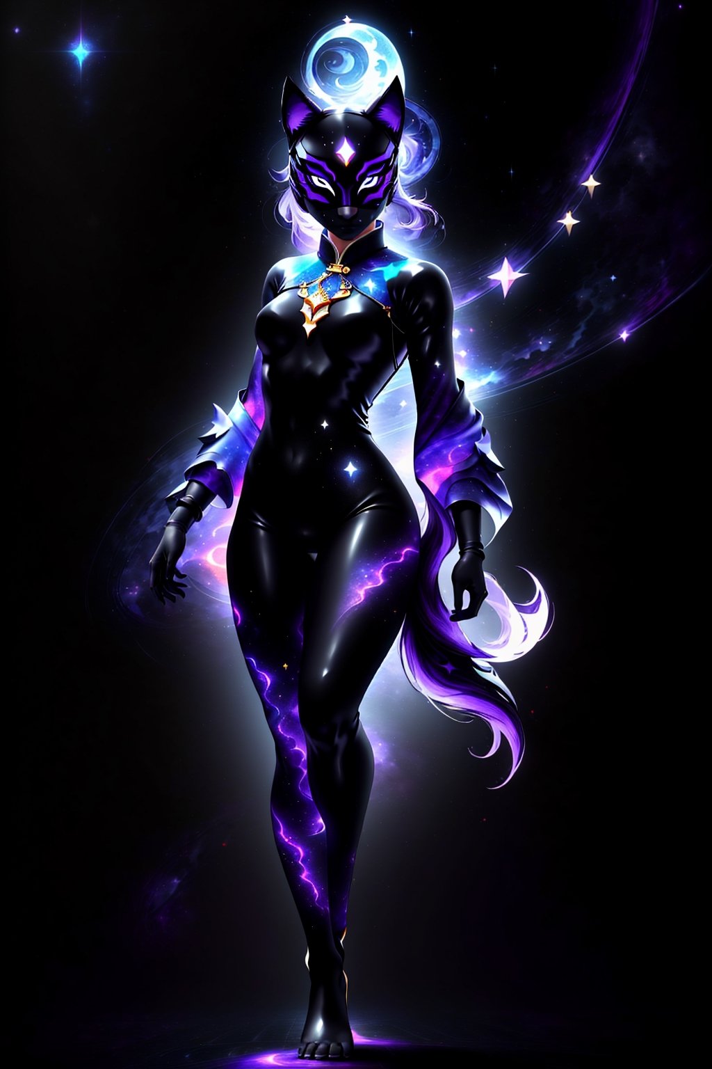 1girl, solo, (slim), simple background, gloves, animal ears, full body, (black skin), grey background, glowing, no pupils, (human_lip), starry sky print, (purple wolf mask:1.2), sleek mask, 1 mask, (black celestial Ao Dai:1.2), dinamic photo, mystic, 3d render, unreal engine, Celestial Skin,