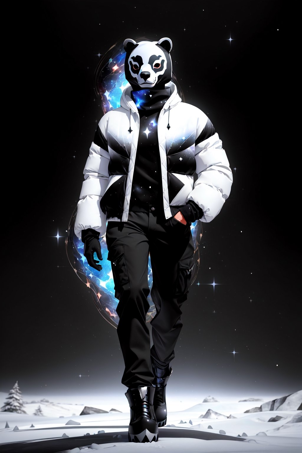 solo_male, strong, muscular, solo, (slim), simple background, gloves, animal ears, full body, (black skin), grey background, glowing, no pupils, (human_lip), starry sky print, (white bear mask:1.2), sleek mask, 1 mask, (black celestial winter clothes:1.2), turtleneck, cargo pants, dinamic photo, mystic, 3d render, unreal engine,Celestial Skin,