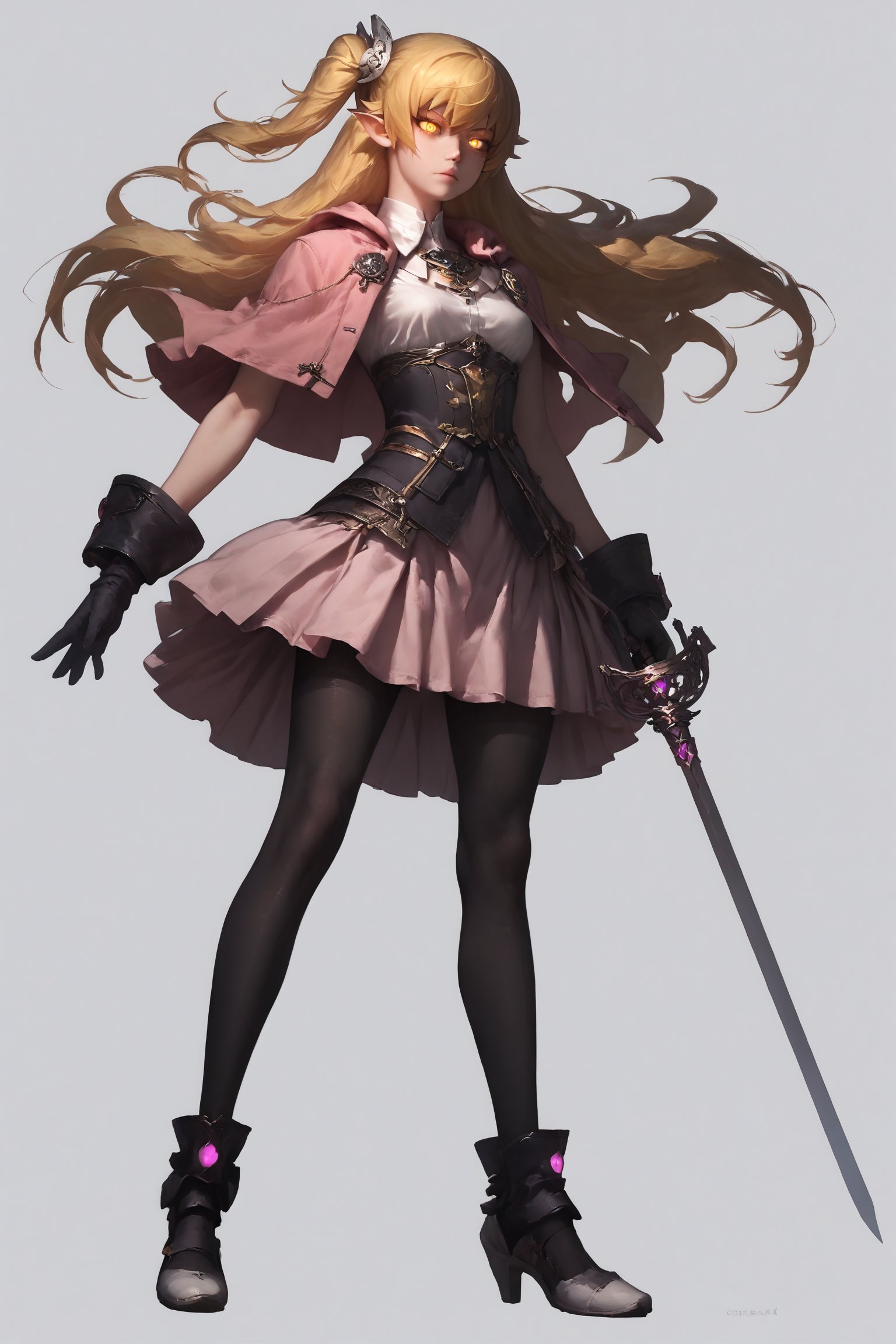 1girl, solo, long hair, skirt, blonde hair, yellow eyes, glowing eyes, weapon, pantyhose, pointy ears, sword, pink hood, right side ponytail, black pantyhose, long legs, ootachi, oshino shinobu, masterpiece, digitar art, award winning, detailed, best quality, 3d render, realistic, white gloves, concept art, niji5,holding sword rapier in the left hand