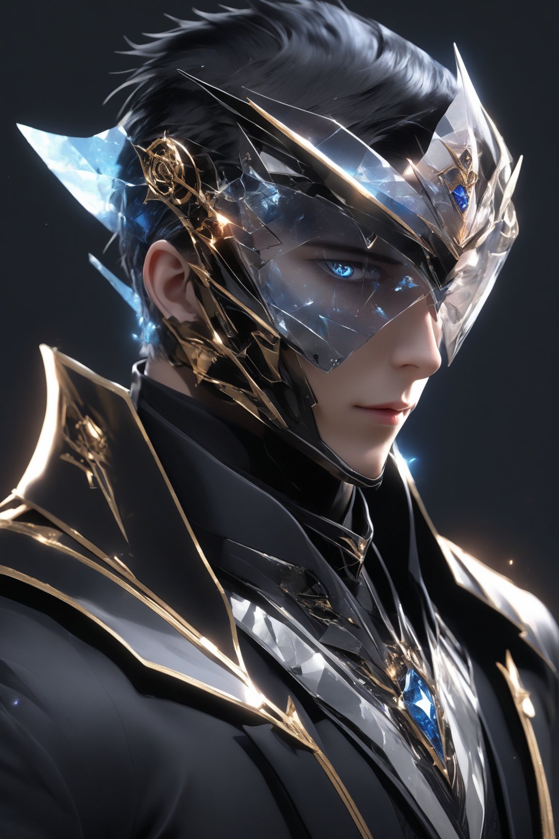 sole_male, (clear crystal visor mask), broken glass formal suit, SalomanElfric, white skin, (blue eyes), short black hair swiped back, [goatee], [sideburns] , masterpiece, digital art, award winner, serene, bright colors, octane, 3d render, realistic, shards,Gold Edged Black Rose,