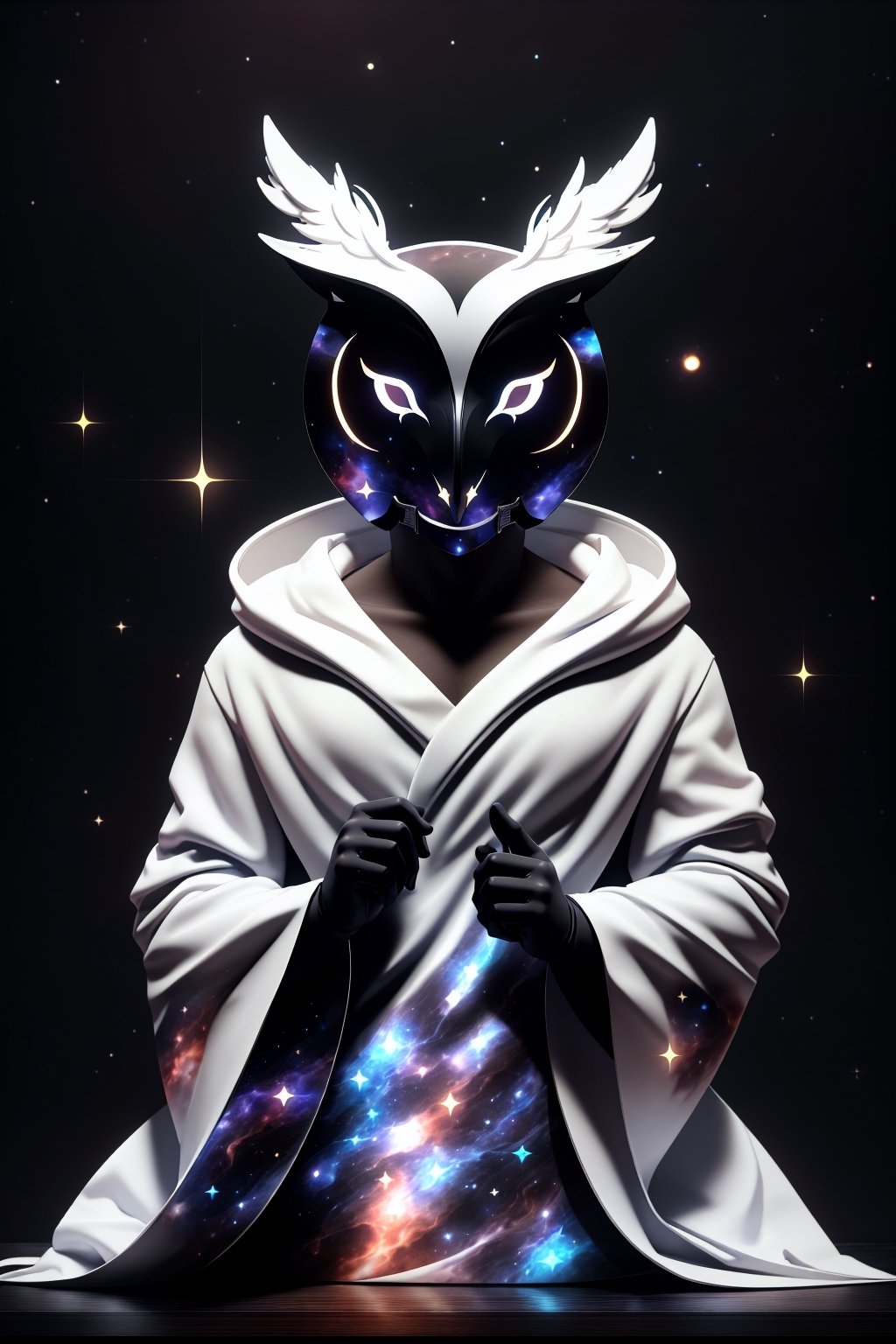 solo_male, solo, skinny, simple background, gloves, animal ears, full body, black skin, grey background, glowing, no pupils, starry sky print, (white Owl porcelain mask:1.2), (celestial long robe:1.2), library, mystic, 3d render, unreal engine, Celestial Skin,More Detail
