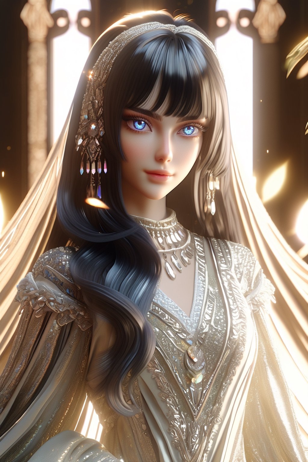 1 girl, European model, (athena:0.5), ((long black glossy hair)), straight bangs, ((shiny silver crystal colored eyes)), detailed eyes, (full body), blink and youll miss it detail, silk light clothes, golden glittering, high quality, textured background, very detailed, iridescent, intricate hairstyle ,clothing, softer lines, perfect hands, soft lighting, soft expression, front view, looking at viewer, soft smile, (thin delicate eyebrows:1.3) , unreal engine, realistic 