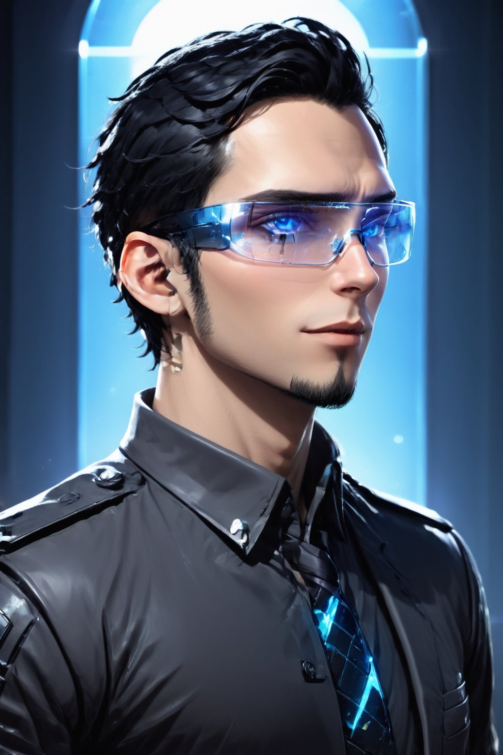 SalomanElfric, 27yo, solo, short hair, blue eyes, shirt, black hair, stylish hair swept to the right, sole male, ((facial hair, sideburns, goatee)), full body, male focus, mature male, unreal engine, realistic, 4k,HDR, sci-fi, full body, standing, grandiose, transparent glass tie, formal wear made broken shards, (stained transparent glass cyberpunk glasses:1.2)