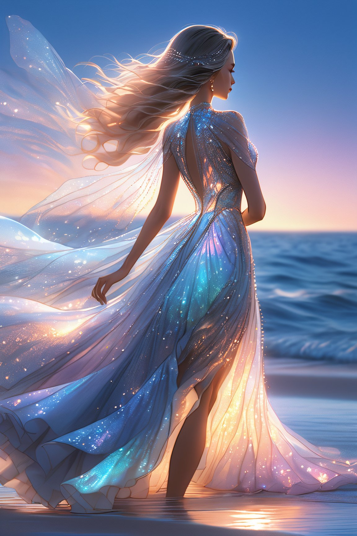 ultra detailed close up illustration of a woman at the seashore after sunset,  she wears a flowy holographic dress made of silk and tulle and very glowy,  bioluminiscent, fantasy art, dreamlike, backlit, dynamic pose, digital art, masterpiece, 3d render, ray-tracing, vibrant