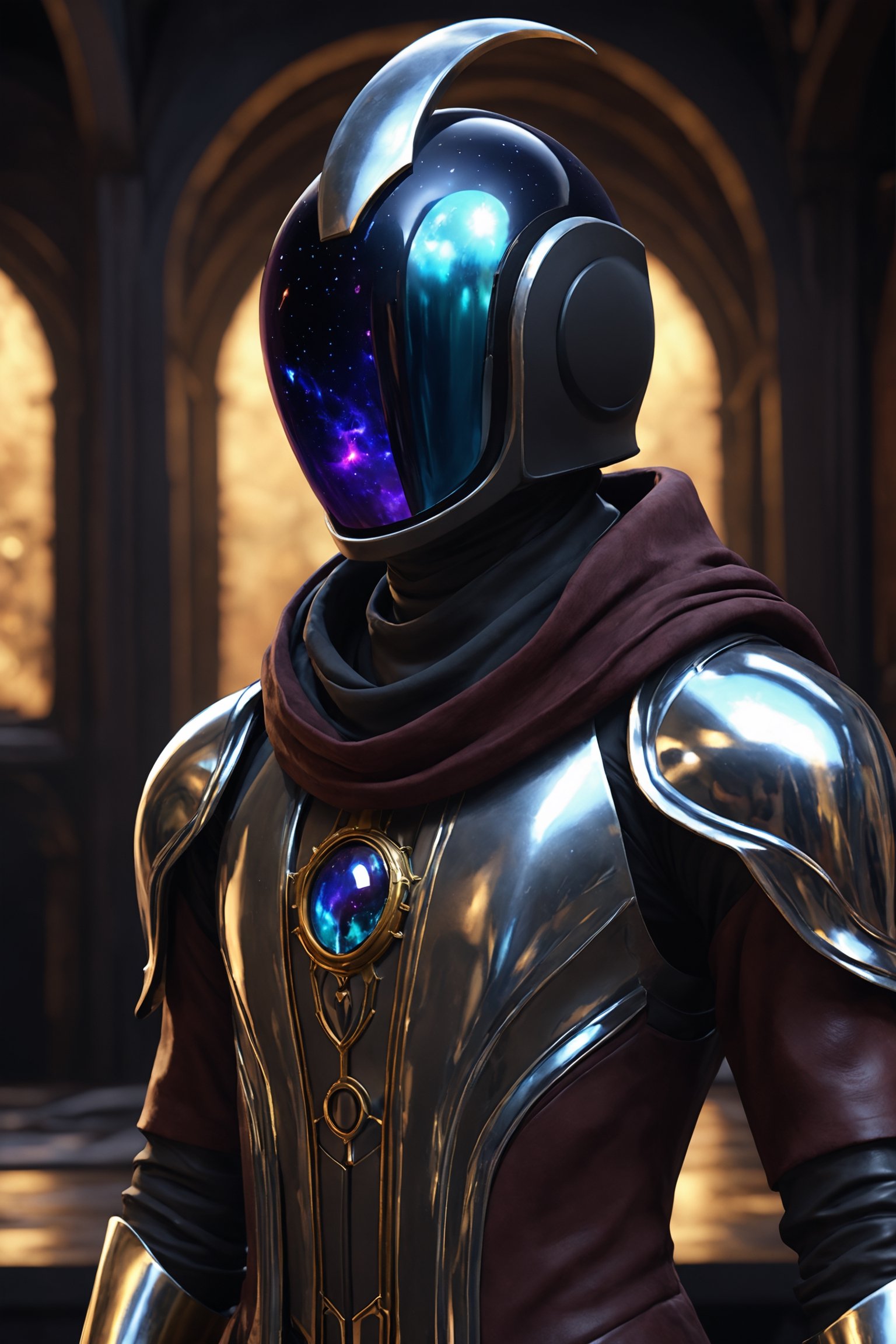 ParallelObserver, (colorgalaxy reflected on a reflexive helmet), metalic rim detailed helmet, 1boy, (leather long coat), scarf, [Renaissance themed], fantasy, front-view, upperbody, detailed, 3d render, unreal engine, colorgalaxy,disney pixar style