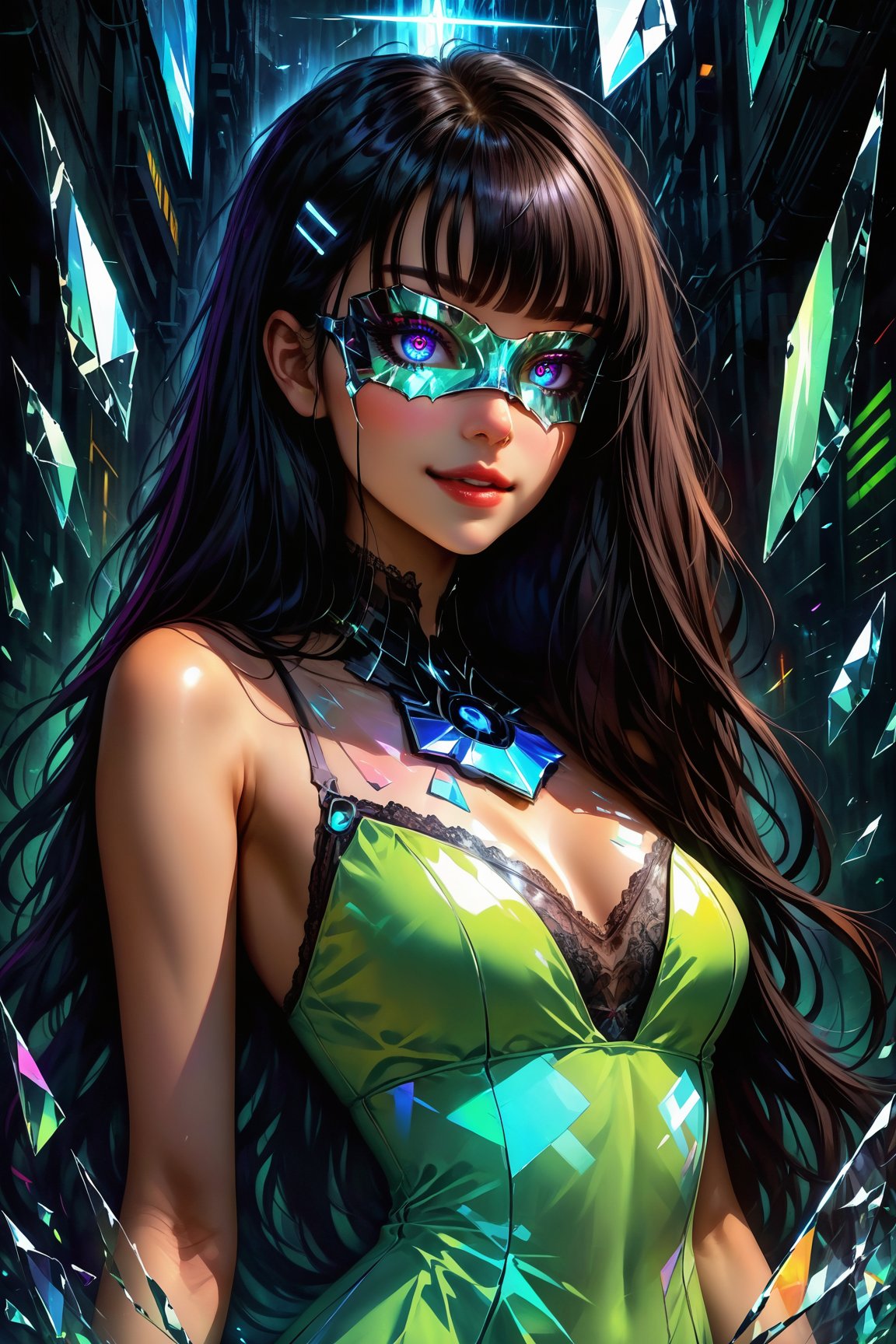 score_9, score_8_up, score_7_up, extremely detailed, (broken glass effect), (dress made of broken glass), shattered glass, (glass eye mask:1.2), vintage, vivid, cyberpunk, crystal mask that refract light, 1girl, upper body, asymetric bangs, black hair, long hair, sexy smile 