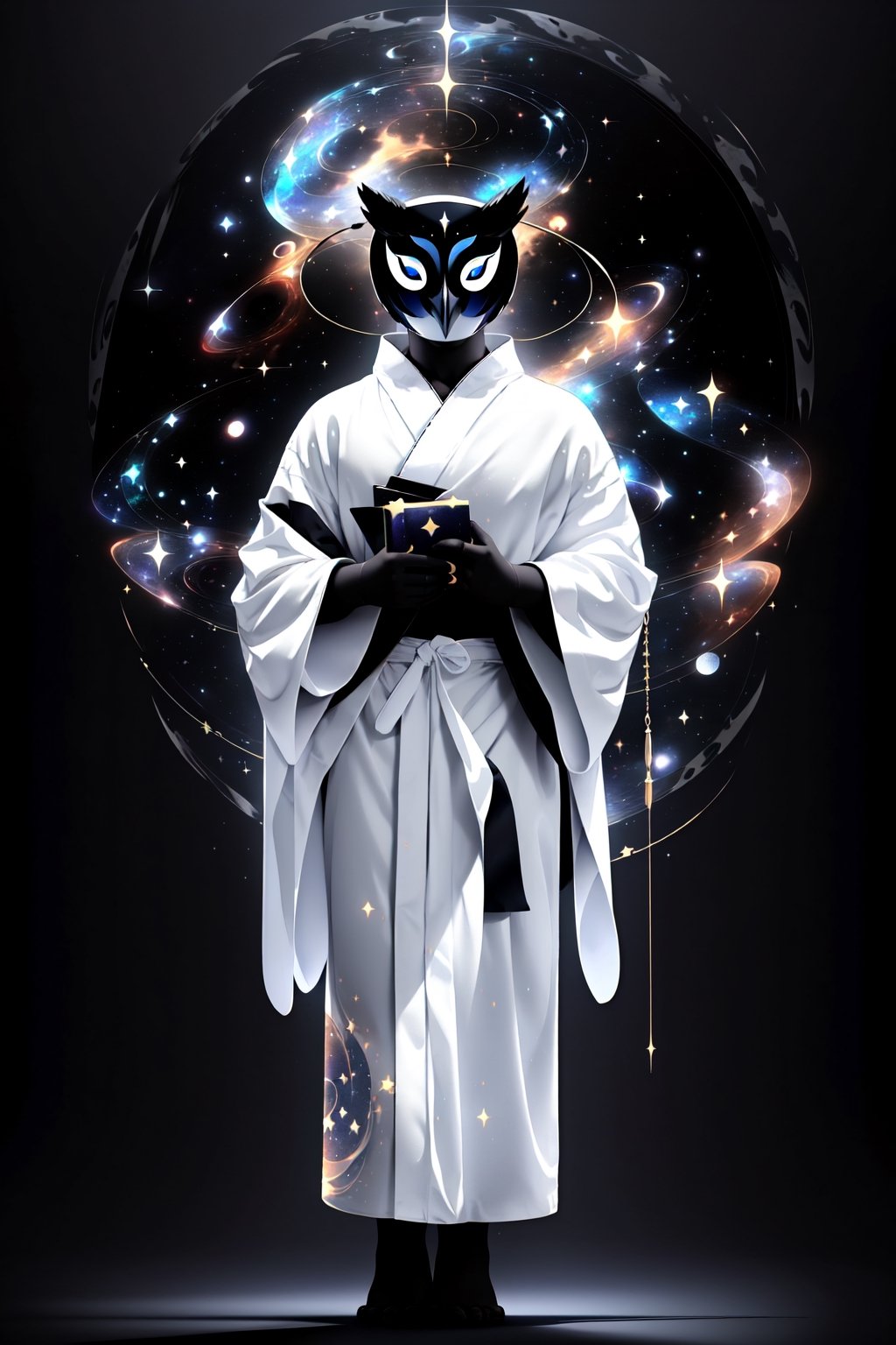 solo_male, solo, skinny, (slim), simple background, gloves, animal ears, full body, black skin, grey background, glowing, no pupils, starry sky print, (white Owl porcelain mask:1.2), (celestial long robe:1.2), library, mystic, 3d render, unreal engine, Celestial Skin,More Detail,