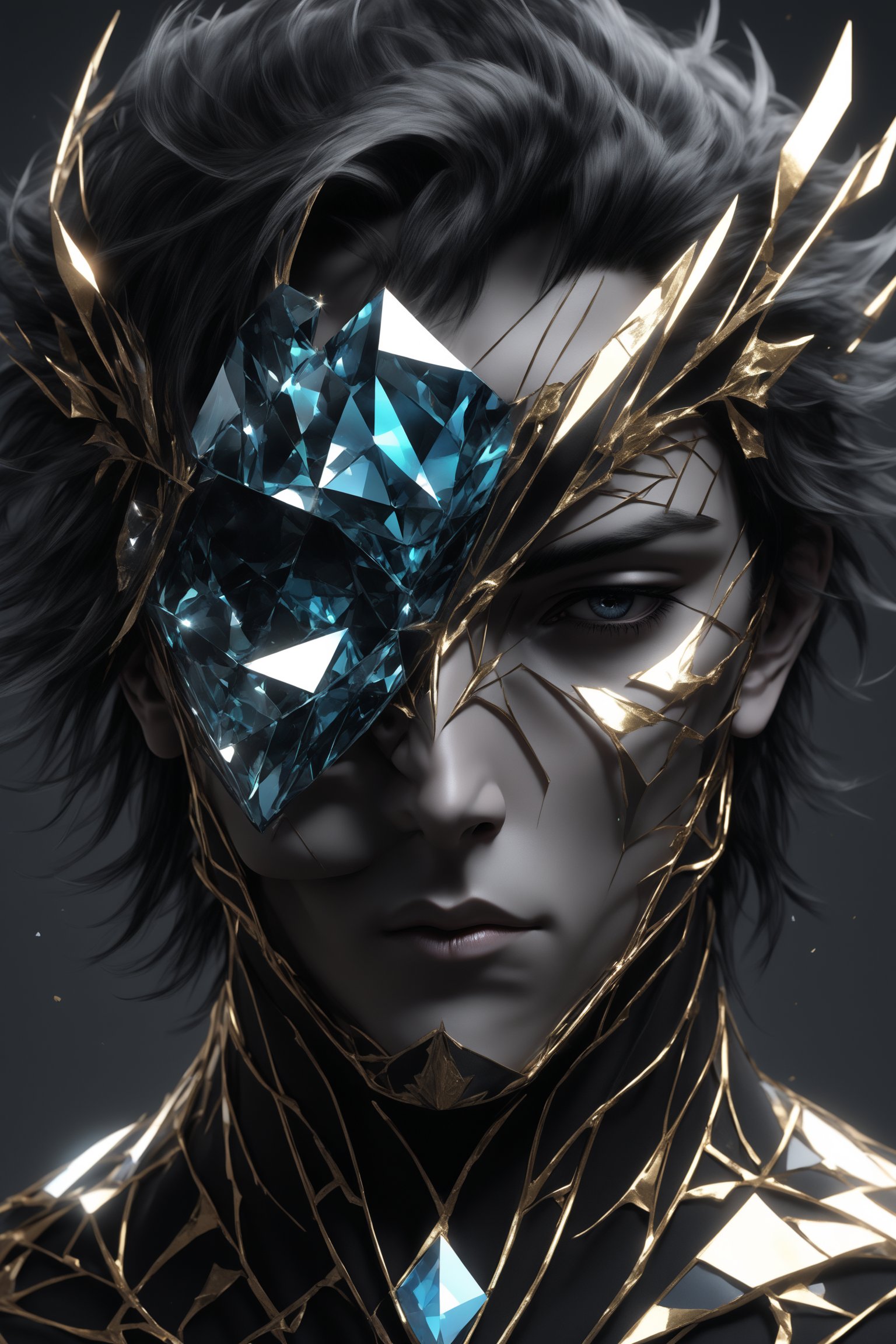 sole_male, (crystal mask), broken glass bodysuit, Lenny, white skin, (gray eyes), diamond eyeshadow, black hair, masterpiece, digital art, award winner, serene, bright colors, octane, 3d render, realistic, shards,Gold Edged Black Rose,