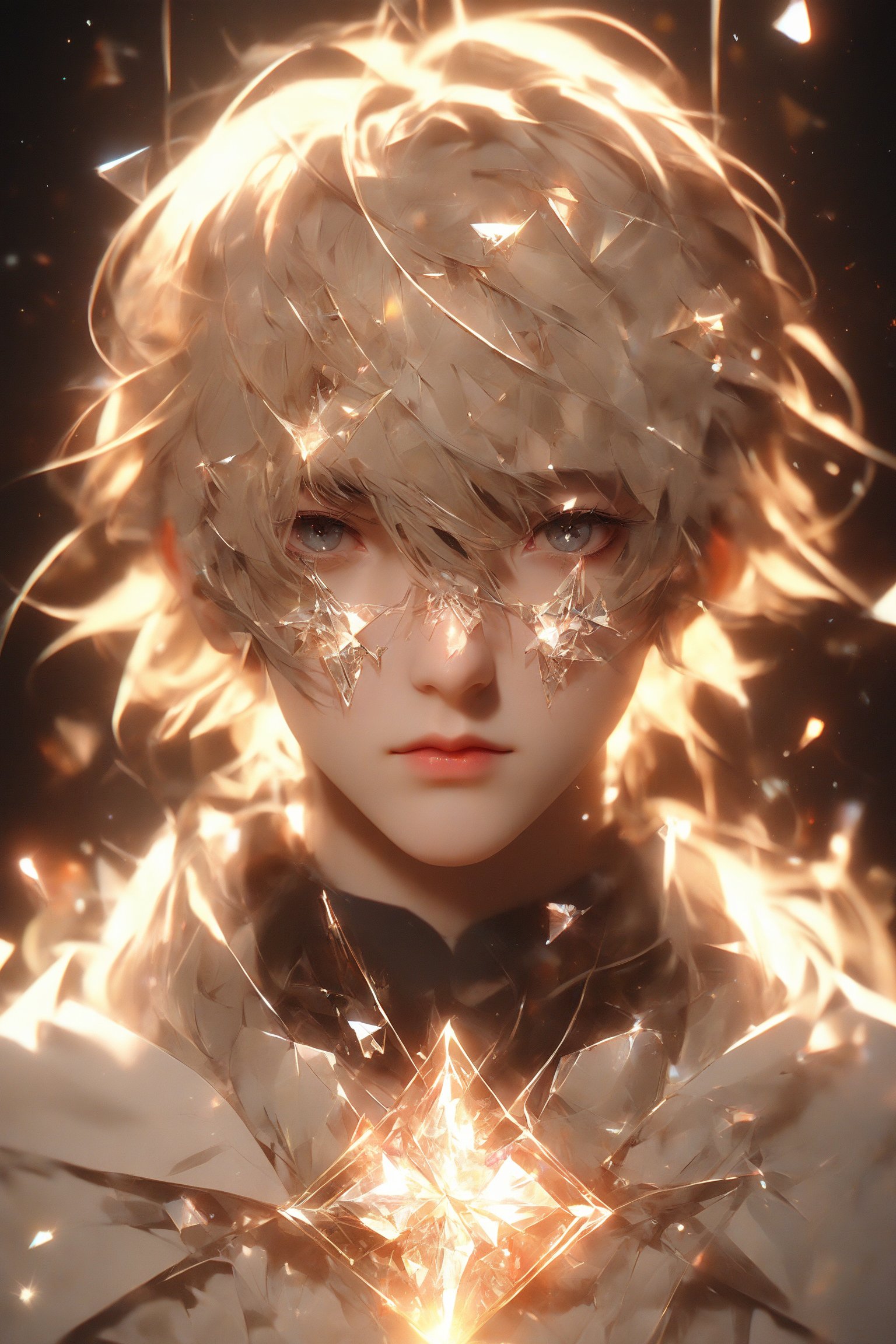 1boy, (crystal mask), broken glass garments, solo, short hair, bangs, beige layered hair, beige eyebrows, gray eyes, long sleeves, closed mouth, upper body, male focus, symmetrical face, profile, light particles, bokeh, masterpiece, digital art, award winner, bealtyfull, intense, bright colors, octane, 3d render, realistic, shards