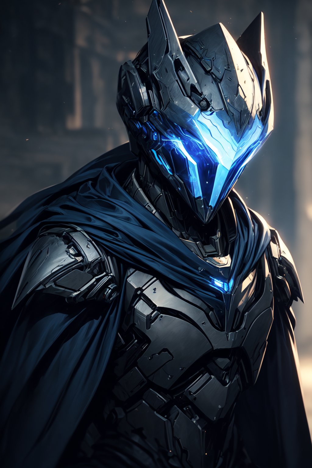 (masterpiece, best quality) extremely detailed, intricately detailed, ((portrait)), 1_boy, ((robot, wizard,assasin)), (Steel smooth armor, dark blue trim, cloth attachments, blue cloak), minimalist helmet, glowing eyes, chiaroscuro lighting, ray tracing, polished, high resolution, volumetric lightning, ,WARFRAME,medieval armor,robot