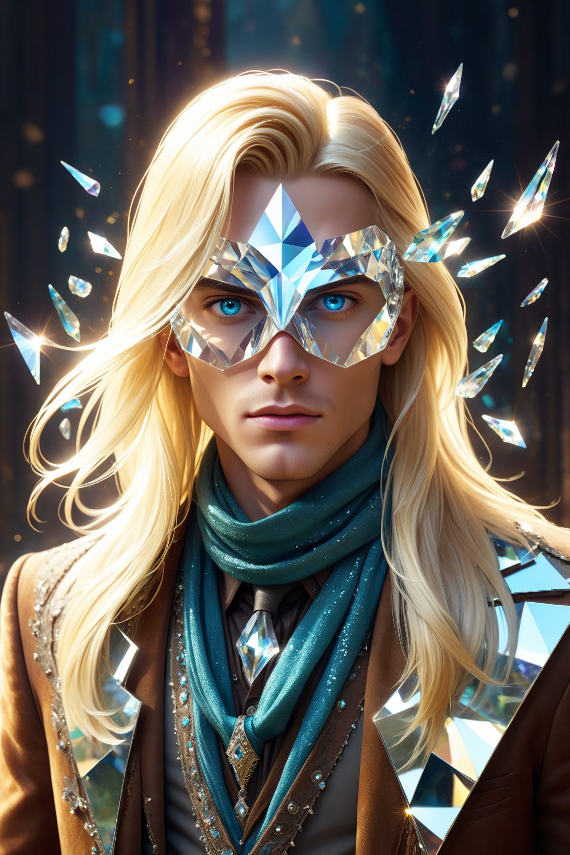 1boy, cleam shave, blonde, long hair, layered hair, swiped back, transparent fantasy-inspired mirrored glass shards aristocrat clothes, broken crystal scarf made of glass, (eye-covering mask:1.2) , crystal, bokeh, Broken Glass effect, no background, stunning, something that even doesn't exist, mythical being, energy, textures, iridescent and luminescent shards, divine presence, cowboy shot, Volumetric light, auras, rays, vivid colors reflects, Broken Glass effect, eyes shoot, oil paint, male focus, 3d render, digital art, realistic, art booster, fflixmj6,Crystal style,art_booster