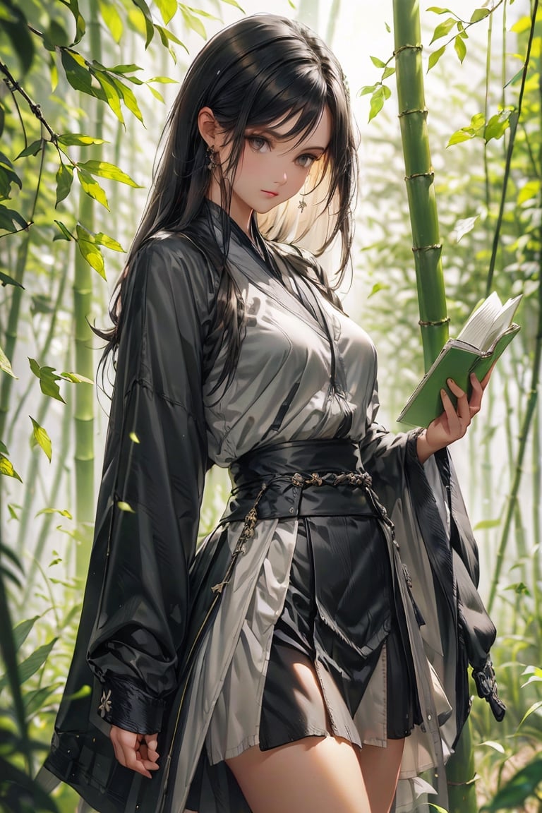 (Masterpiece), (high resolution :1.3), (female 1), Long Hair, black hair, thick hair, brown eyes, black is cuter, (black short skirt :1.3), long black trousers, grey jacket ash, healer, horsetail hair, holding a notebook, bamboo forest, young, a woman, shennongshi,