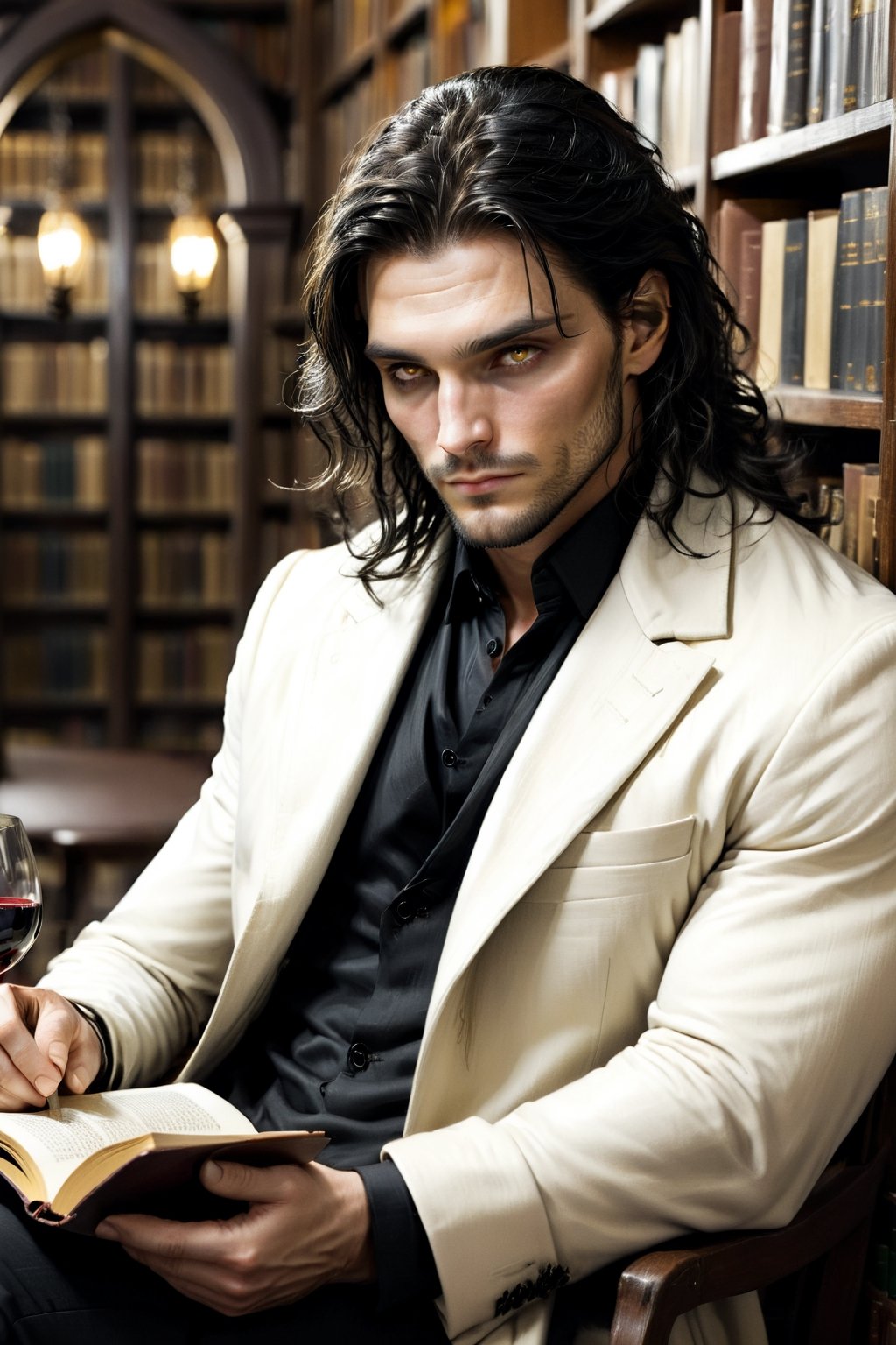 (calcasian 27yo slim man) with long black hair side swept to the right, golden eyes glowing yelow, white skin, sitting_down, drinking wine and reading a book on a library, refined, terror, long coat, overcoat, eery lights, 8k, realistic, Add more detail, man,guy, realhands, 1man,Add more detail,looking at viewer, full_body,Lenny,more detail XL,darkart