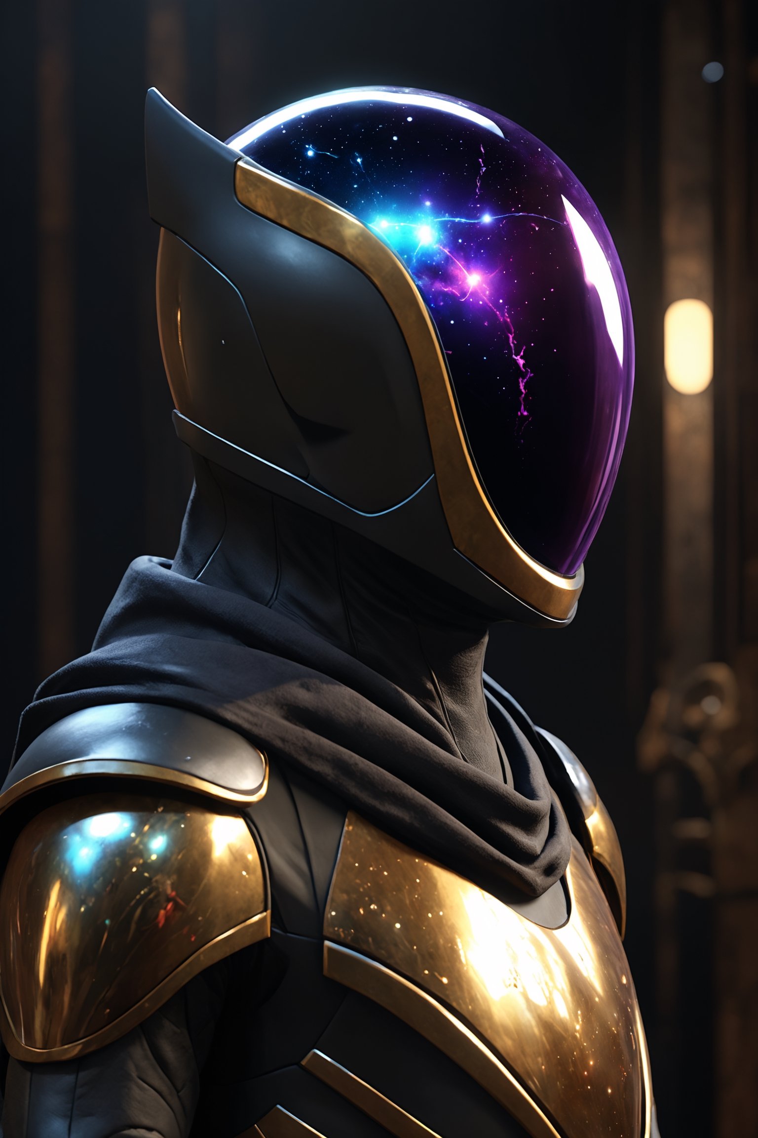 ParallelObserver, (colorgalaxy reflected on a reflexive helmet), metalic rim detailed helmet, 1boy, (leather long coat), scarf, [Renaissance themed], fantasy, front-view, detailed, 3d render, unreal engine, colorgalaxy,disney pixar style