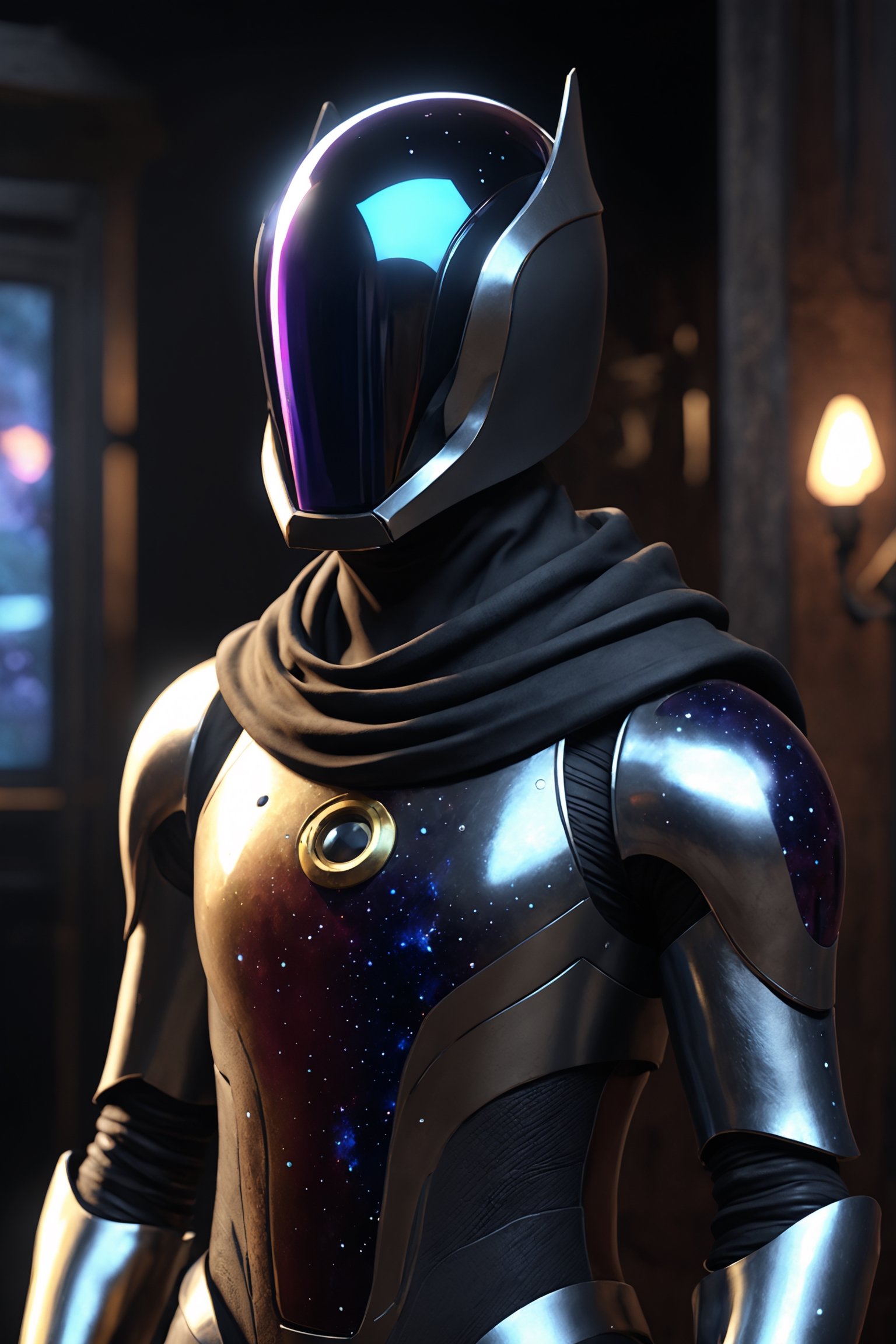 ParallelObserver, (colorgalaxy reflected on a reflexive helmet), metalic rim detailed helmet, 1boy, (leather long coat), scarf, [Renaissance themed], fantasy, front-view, detailed, 3d render, unreal engine, colorgalaxy,disney pixar style