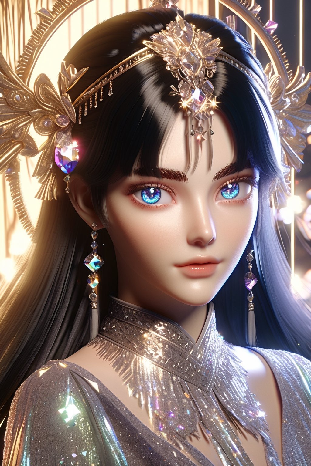 1 girl, European model, (athena:0.5), ((long black glossy hair)), straight bangs, ((shiny silver crystal colored eyes)), detailed eyes, (full body), blink and youll miss it detail, silk light clothes, golden glittering, high quality, textured background, very detailed, iridescent, intricate hairstyle ,clothing, softer lines, perfect hands, soft lighting, soft expression, front view, looking at viewer, soft smile, (thin delicate eyebrows:1.3) , unreal engine, realistic 