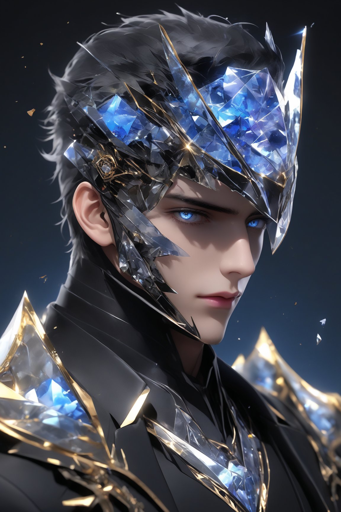 sole_male, (clear crystal visor mask), broken glass formal suit, SalomanElfric, white skin, (blue eyes), short black hair swiped back, [goatee], [sideburns] , masterpiece, digital art, award winner, serene, bright colors, octane, 3d render, realistic, shards,Gold Edged Black Rose,