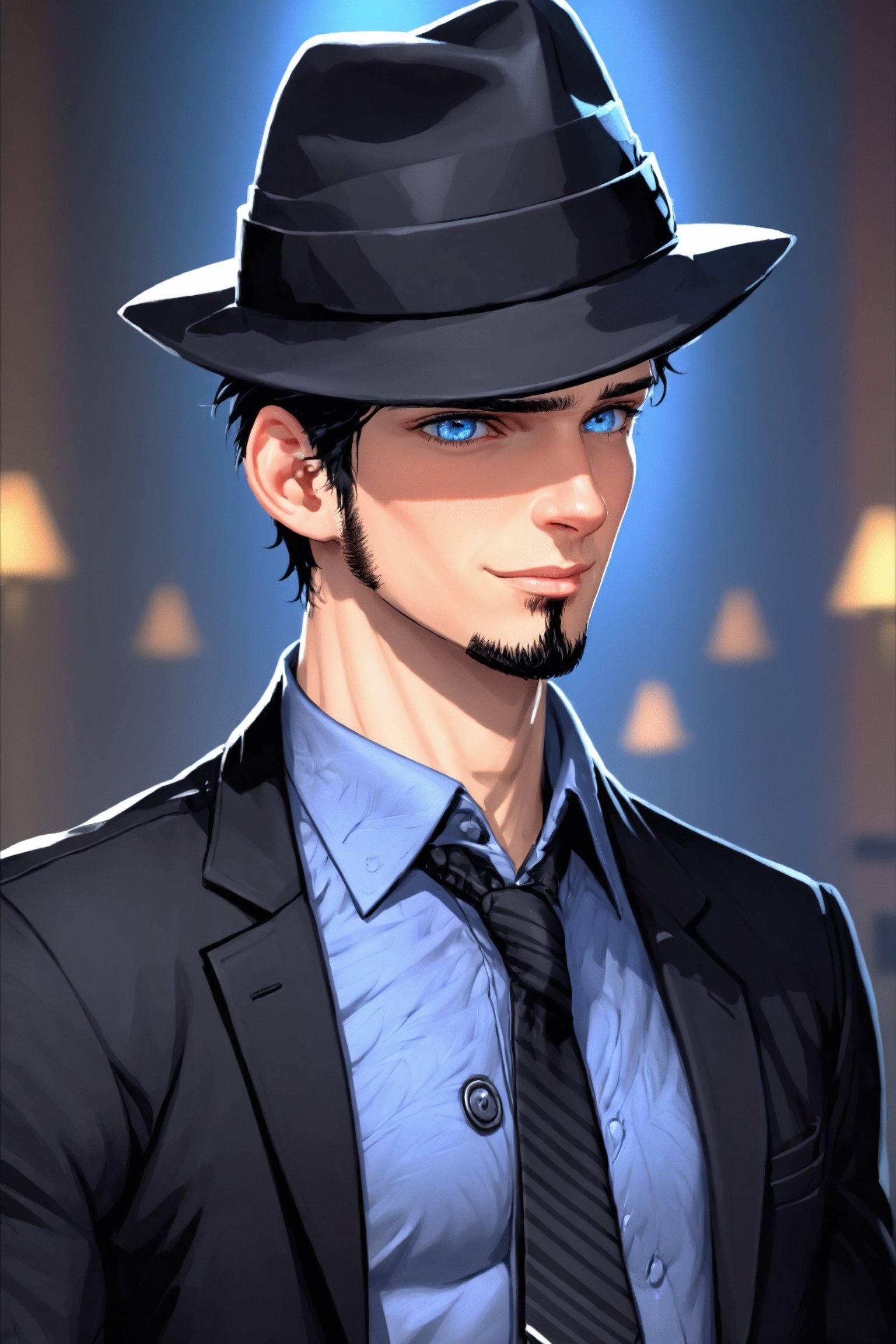 SalomanElfric, 35yo, solo, short hair, blue eyes, shirt, black hair, sole_male, fedora hat, jacket, upper body, male focus, necktie, black jacket, black headwear, (facial hair,sideburns, goatee:1.3), formal, suit, mature male, cartoon, unreal engine