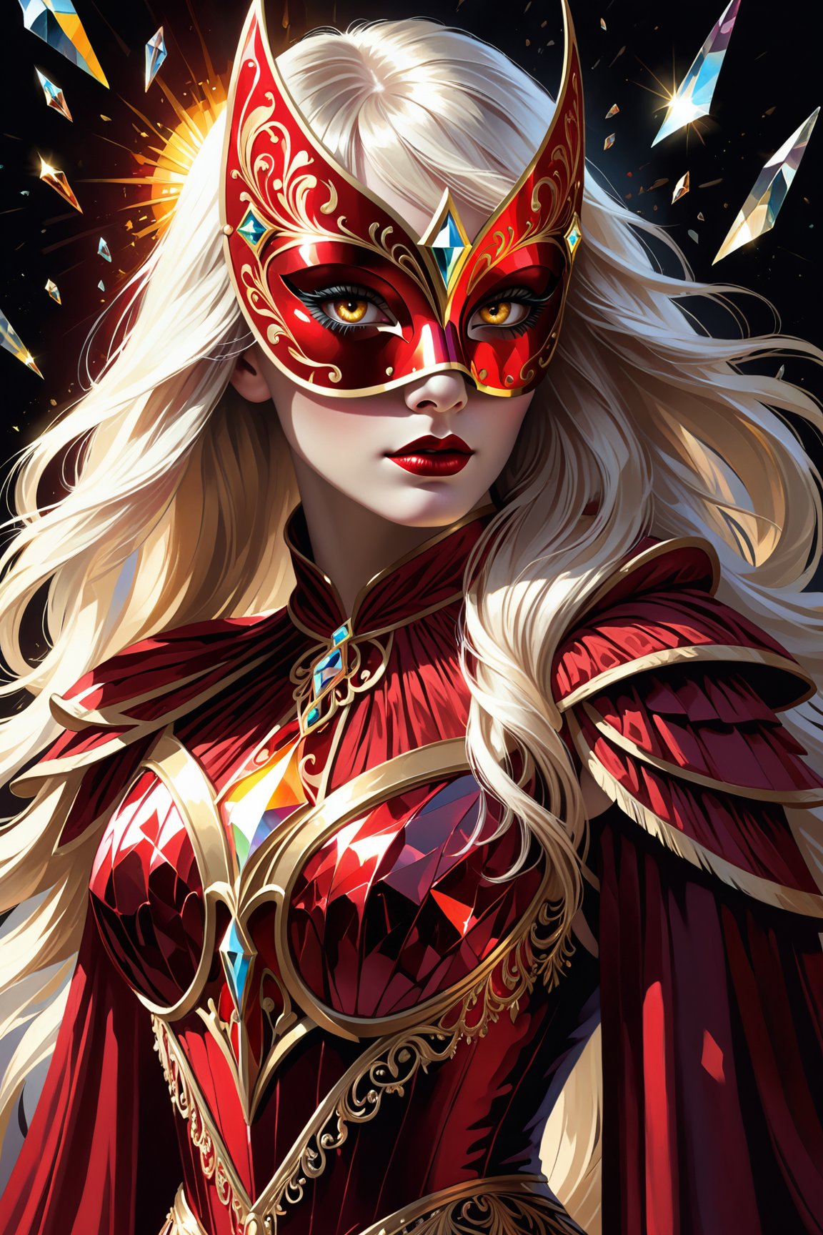 1 girl, (fantasy masquerade mask), blunt bangs, white long hair, strait hair, (golden eyes), crimson red fantasy-inspired mirrored glass silk fantasy dress, pluge neckline, eye-covering mask, crystal, loose brushstrokes, Broken Glass effect, no background, stunning, something that even doesn't exist, mythical being, energy, textures, iridescent and luminescent shards, divine presence, Volumetric light, auras, rays, vivid colors reflects, Broken Glass effect, eyes shoot, oil paint,tag score