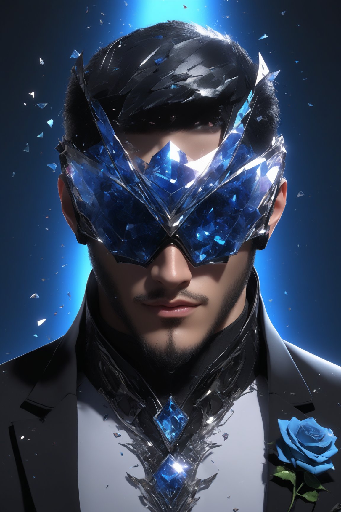 sole_male, (clear crystal visor mask), broken glass formal suit, SalomanElfric, white skin, (blue eyes), short black hair swiped back, [goatee], [sideburns] , masterpiece, digital art, award winner, serene, bright colors, octane, 3d render, realistic, shards,Gold Edged Black Rose,