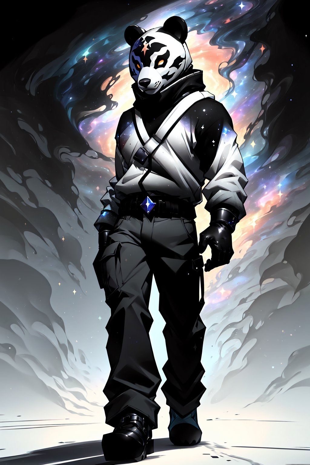 solo_male, strong, muscular, solo, (slim), simple background, gloves, animal ears, full body, (black skin), grey background, glowing, no pupils, (human_lip), starry sky print, (white bear mask:1.2), sleek mask, 1 mask, (black celestial winter clothes:1.2), turtleneck, cargo pants, dinamic photo, mystic, 3d render, unreal engine,Celestial Skin,