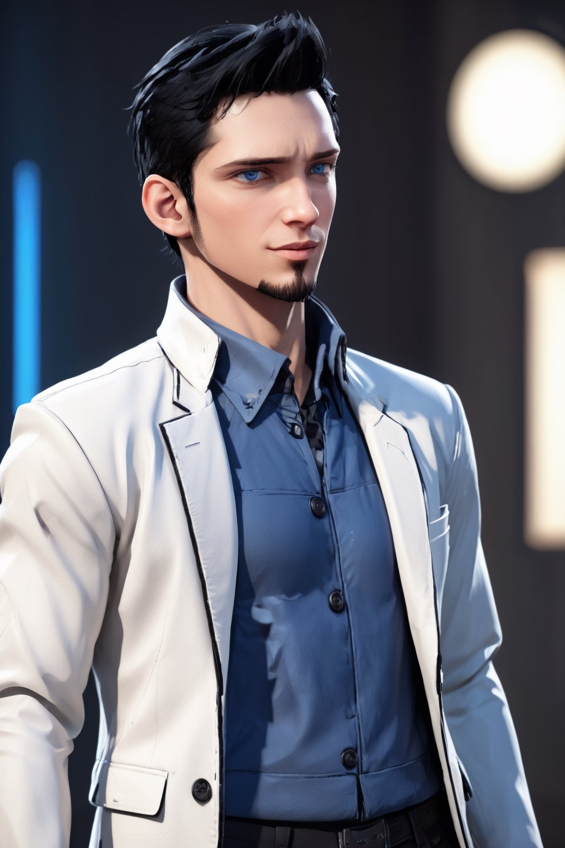 SalomanElfric, 27yo, solo, short hair, blue eyes, shirt, black hair, stylish hair swept to the right, sole male, full body, male focus, white jacket, (facial hair,sideburns, goatee:1.3), mature male, unreal engine, cartoon, giving a speech in the council of the 9, sci-fi, white metallic room