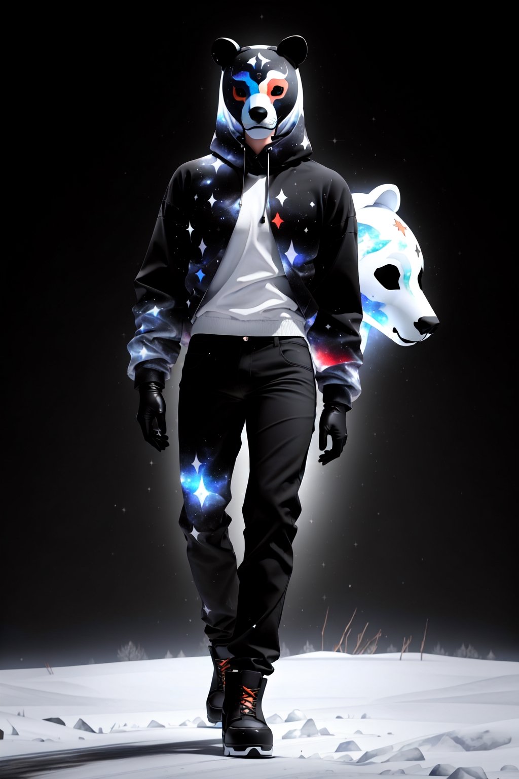 solo_male, strong, solo, (slim), simple background, gloves, animal ears, full body, (black skin), grey background, glowing, no pupils, (human_lip), starry sky print, (white bear mask:1.2), sleek mask, 1 mask, (black celestial winter clothes:1.2), turtleneck, cargo pants, dinamic photo, mystic, 3d render, unreal engine,Celestial Skin,